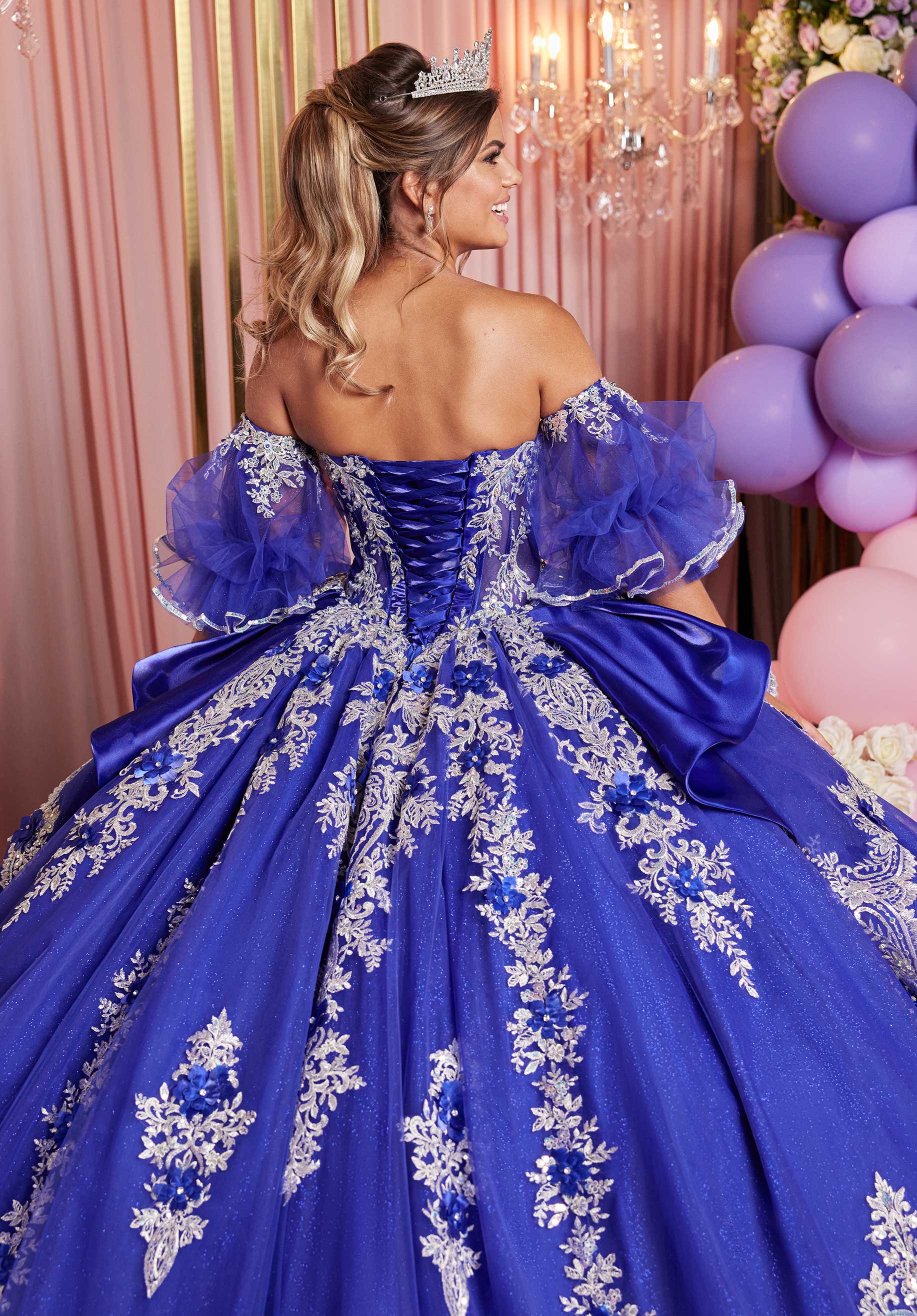 Embellished Appliqué Cat Eye Quinceañera Dress with Peplum Tiered Skirt - Image 11