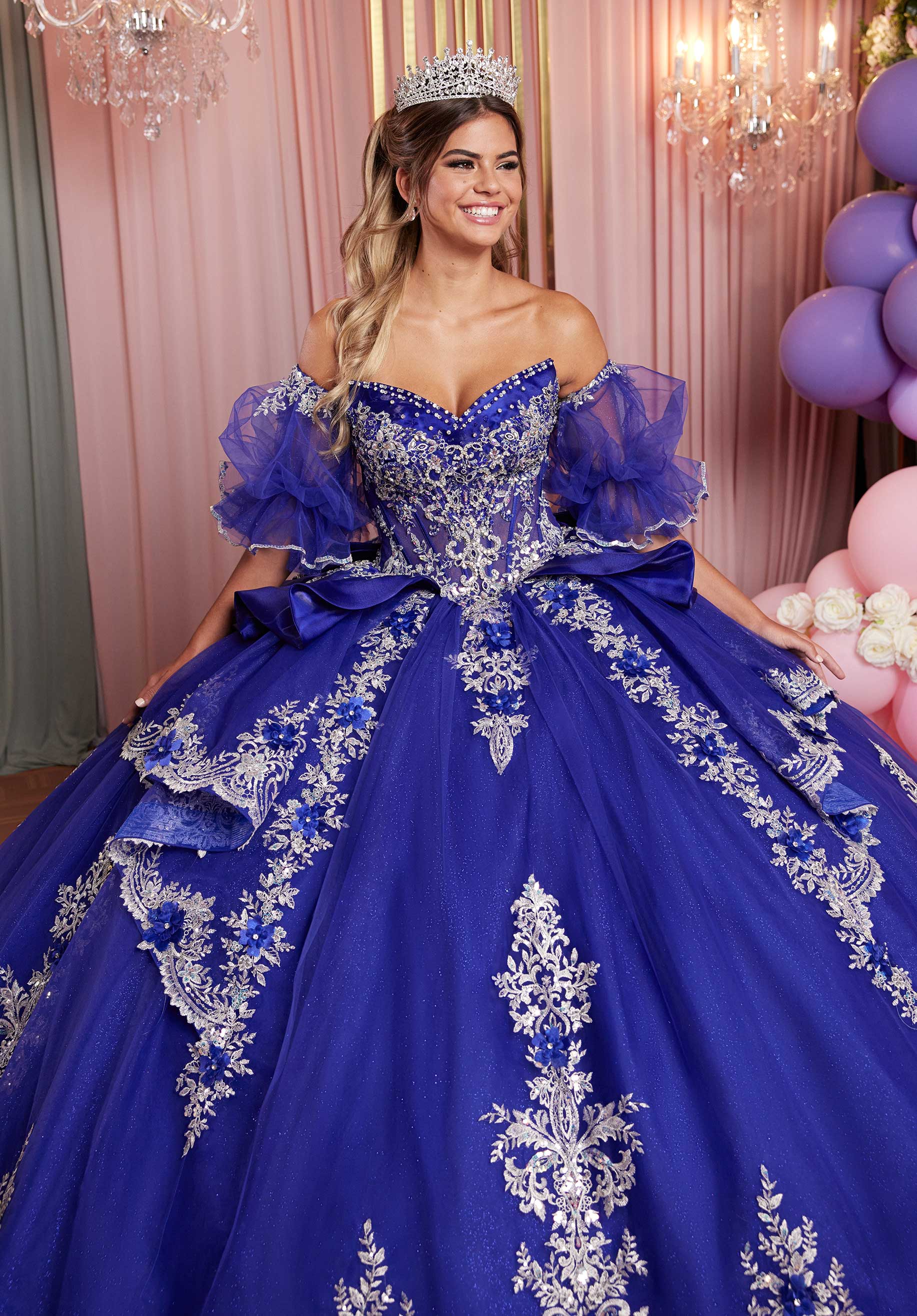 Embellished Appliqué Cat Eye Quinceañera Dress with Peplum Tiered Skirt - Image 6