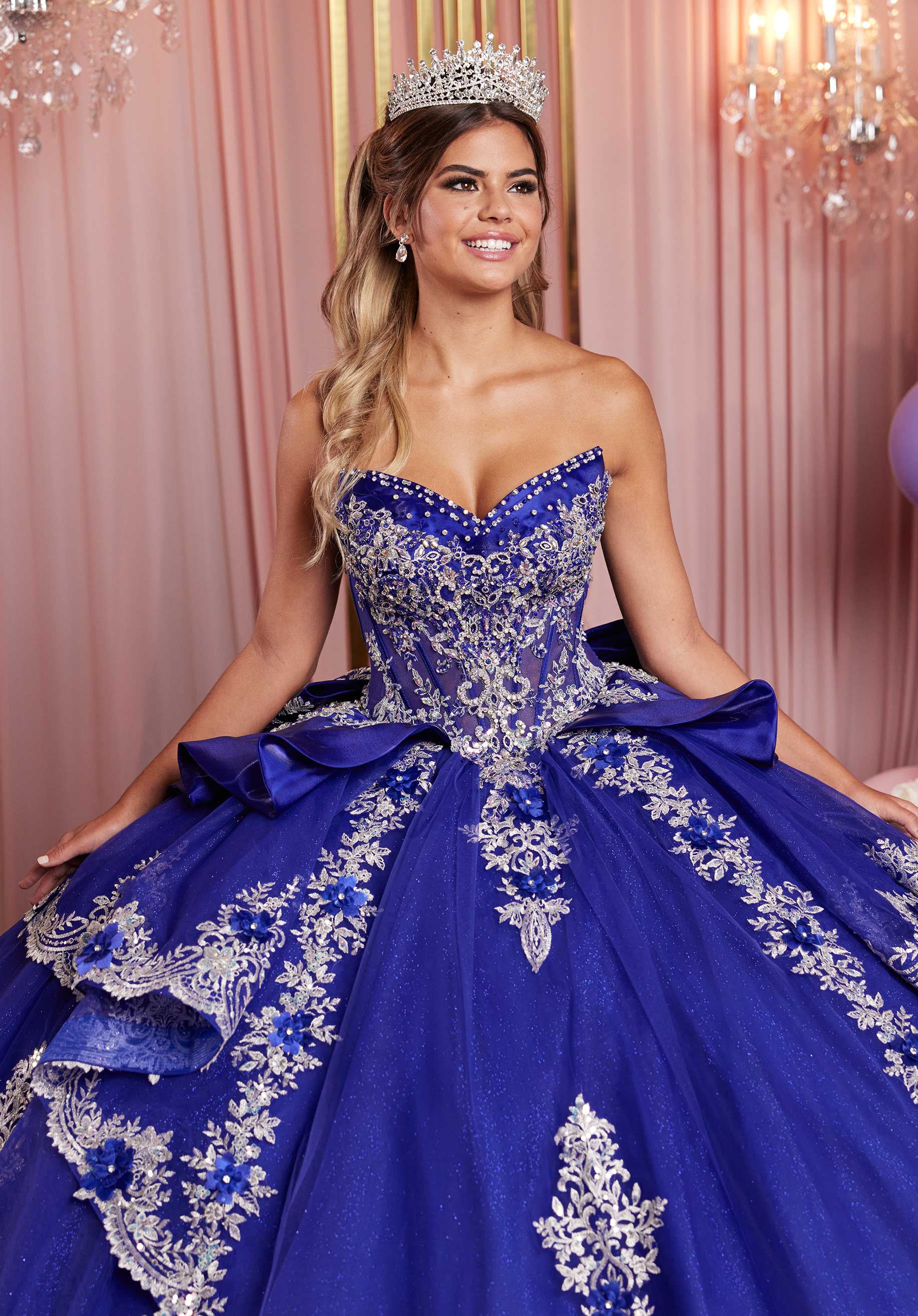 Embellished Appliqué Cat Eye Quinceañera Dress with Peplum Tiered Skirt - Image 7