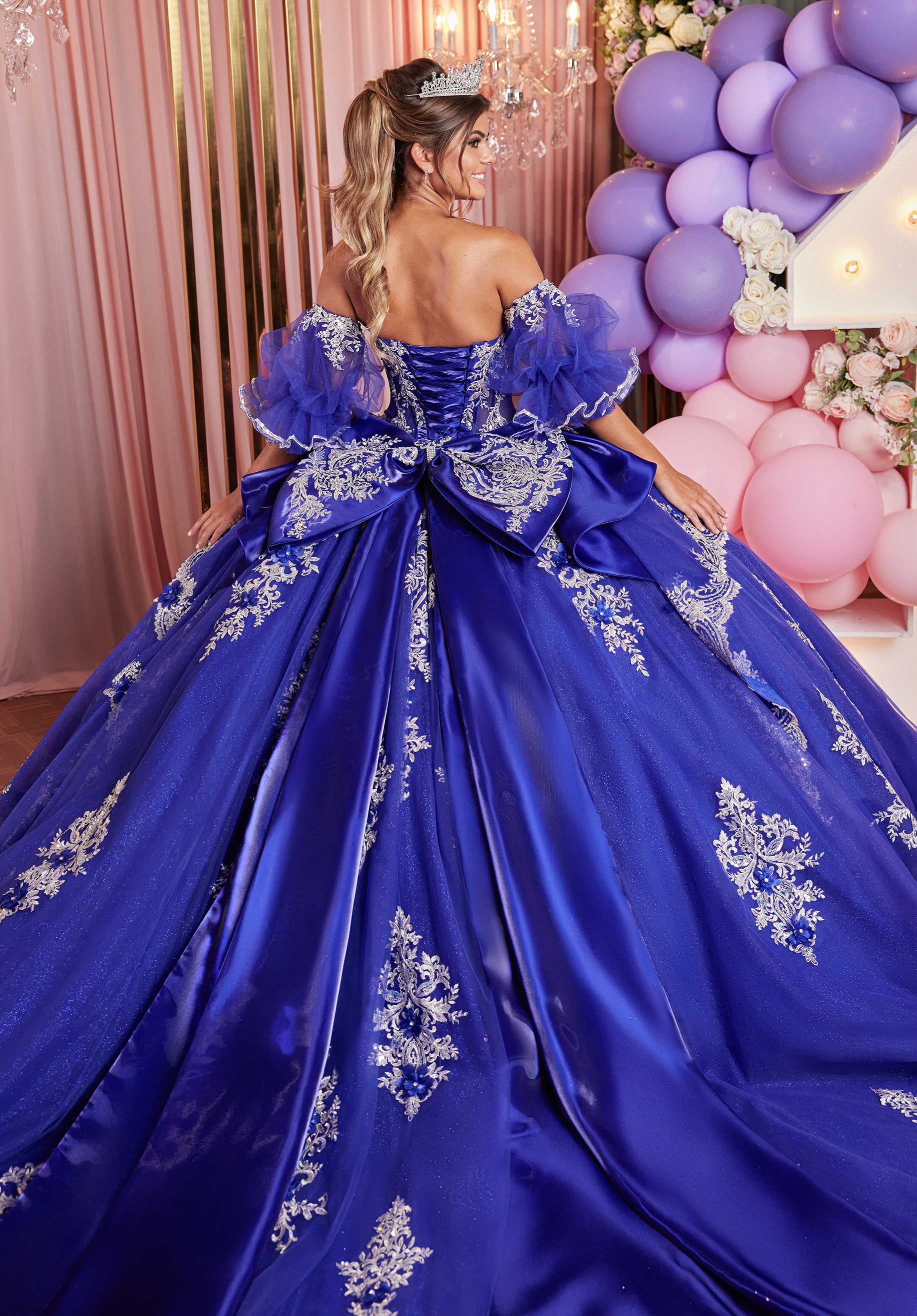 Embellished Appliqué Cat Eye Quinceañera Dress with Peplum Tiered Skirt - Image 9