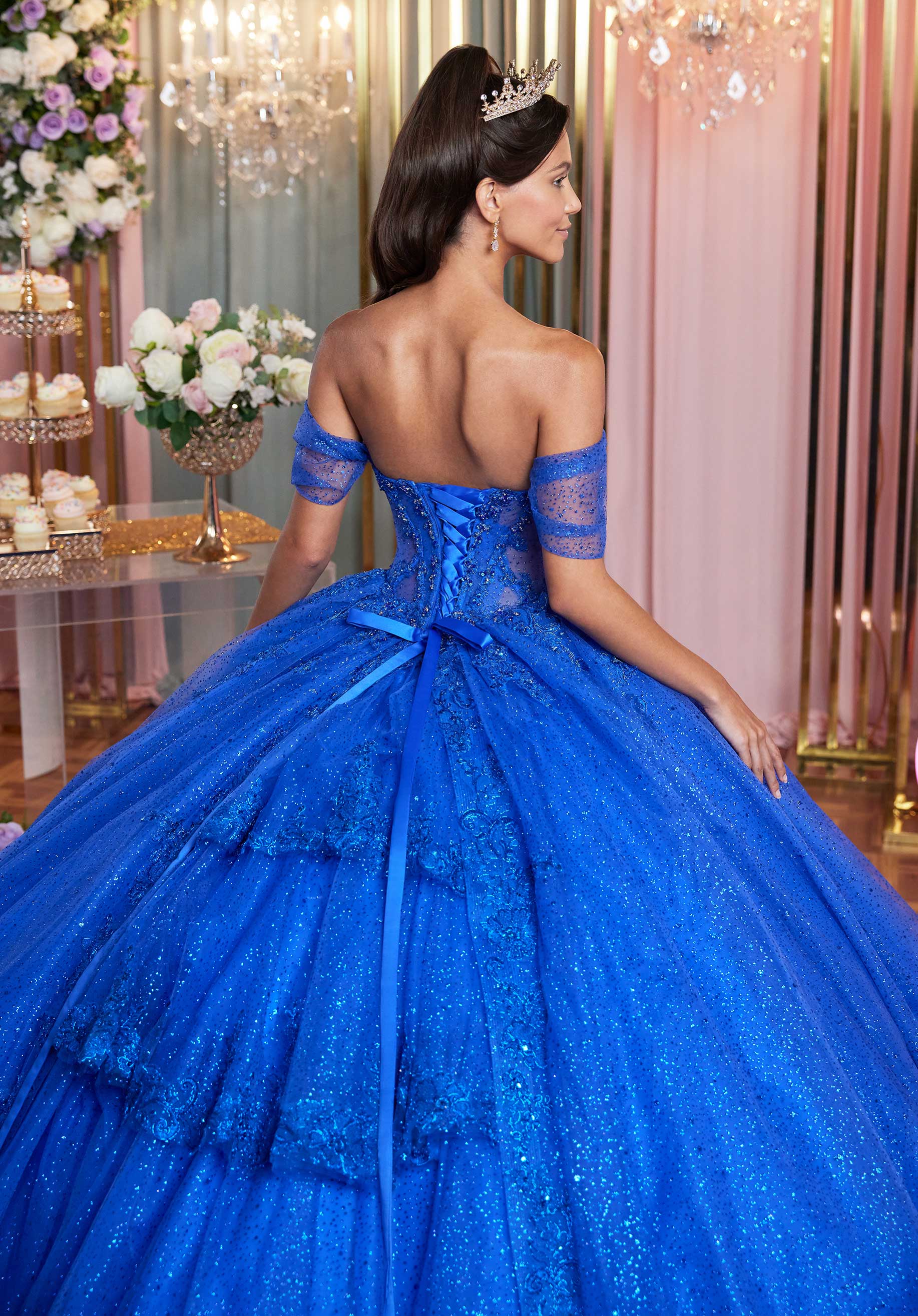 Embellished Lace and Glitter Tulle Quinceañera Dress with Tiered Ruffle Back - Image 7