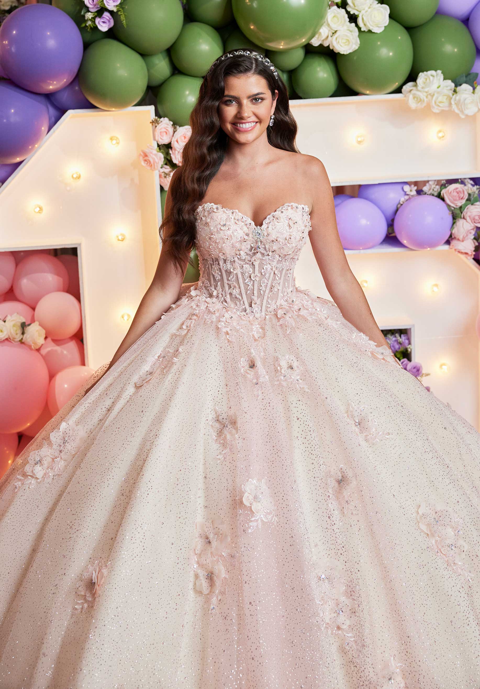 Embroidered and Three Dimensional Floral Appliquéd Glitter Tulle Quinceañera Dress - Image 4