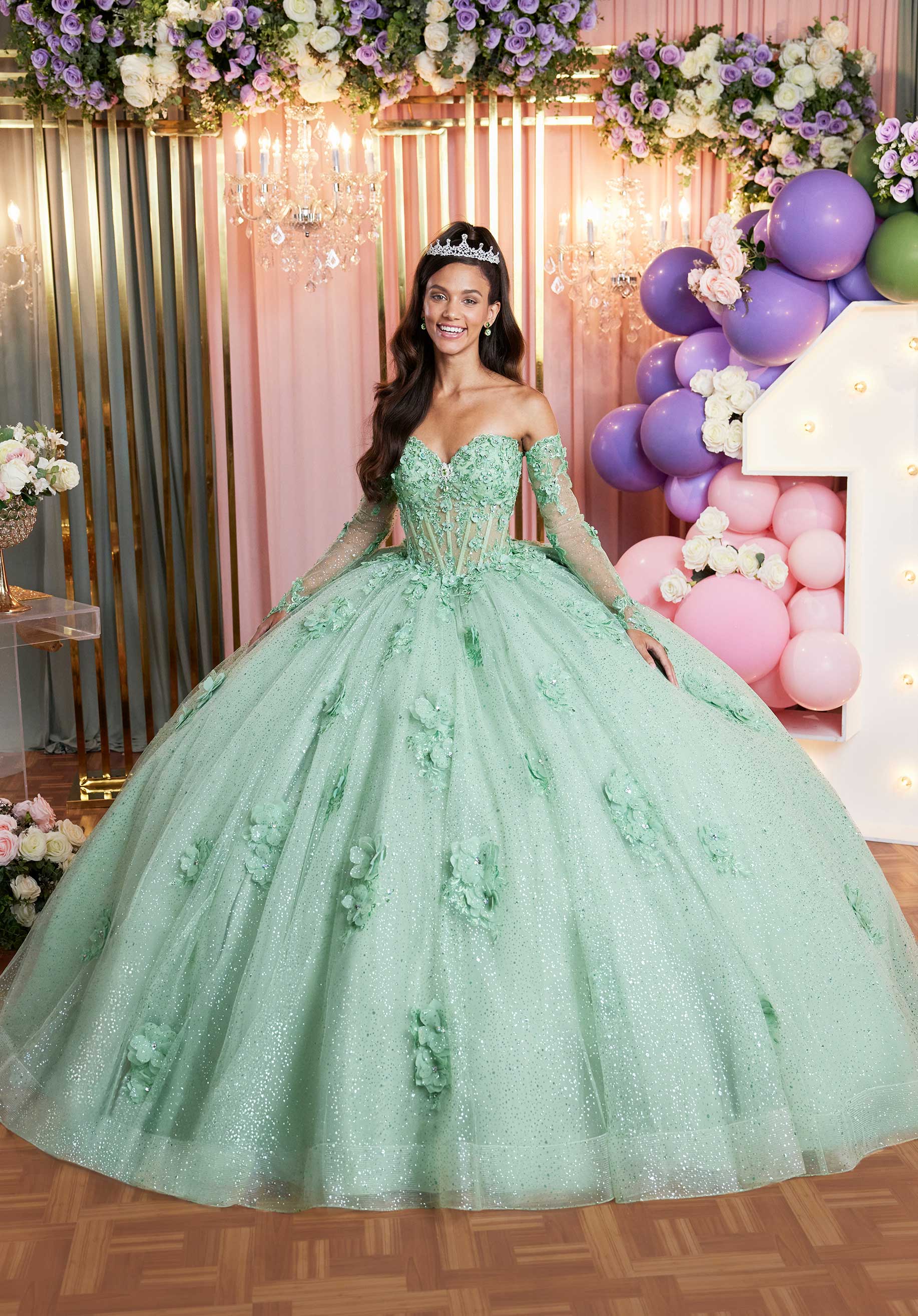 Embroidered and Three Dimensional Floral Appliquéd Glitter Tulle Quinceañera Dress - Image 5