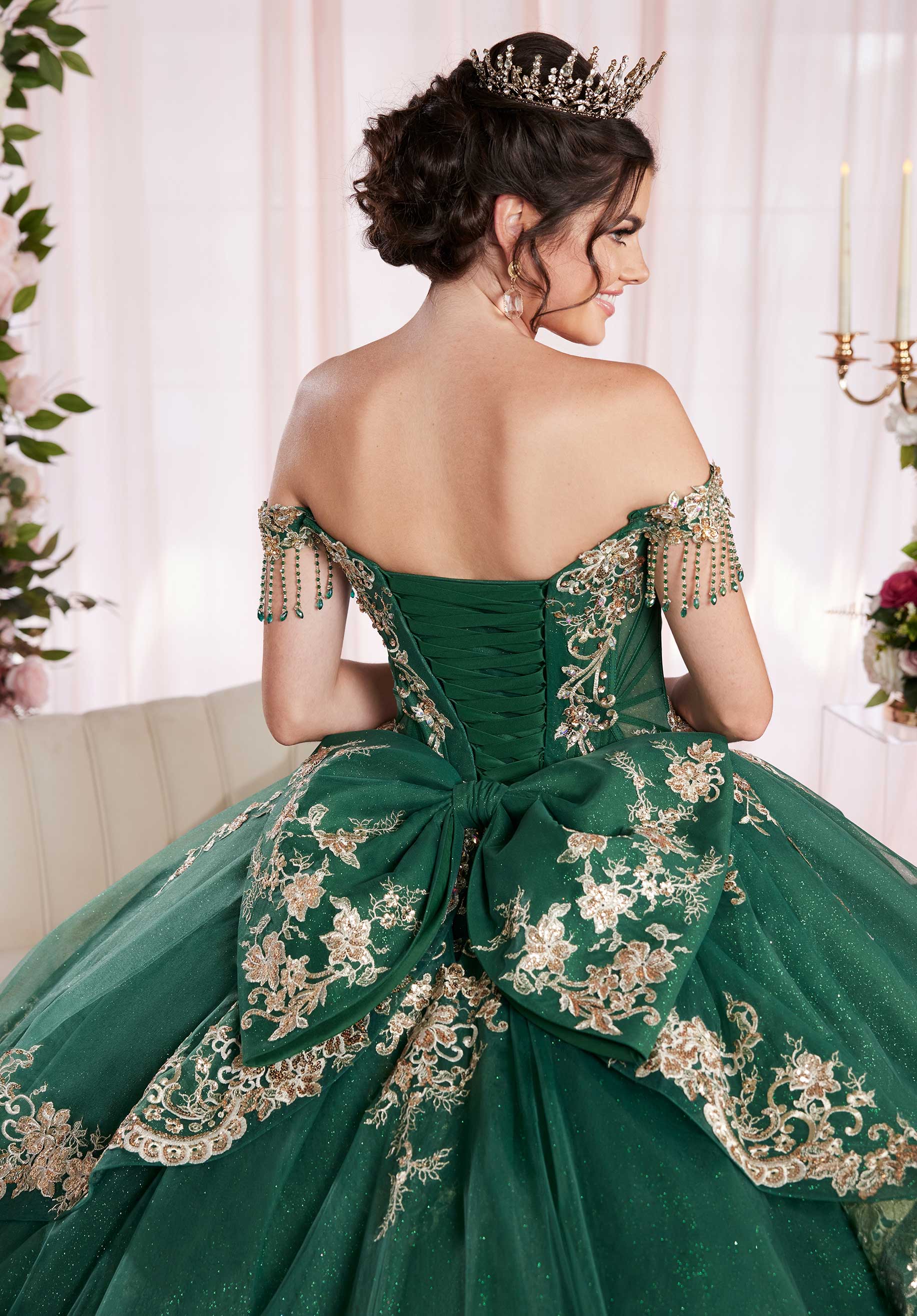 Embroidered Appliqué Sweetheart Quinceañera Dress with Sheer Sides and Fringe Sleeves - Image 5
