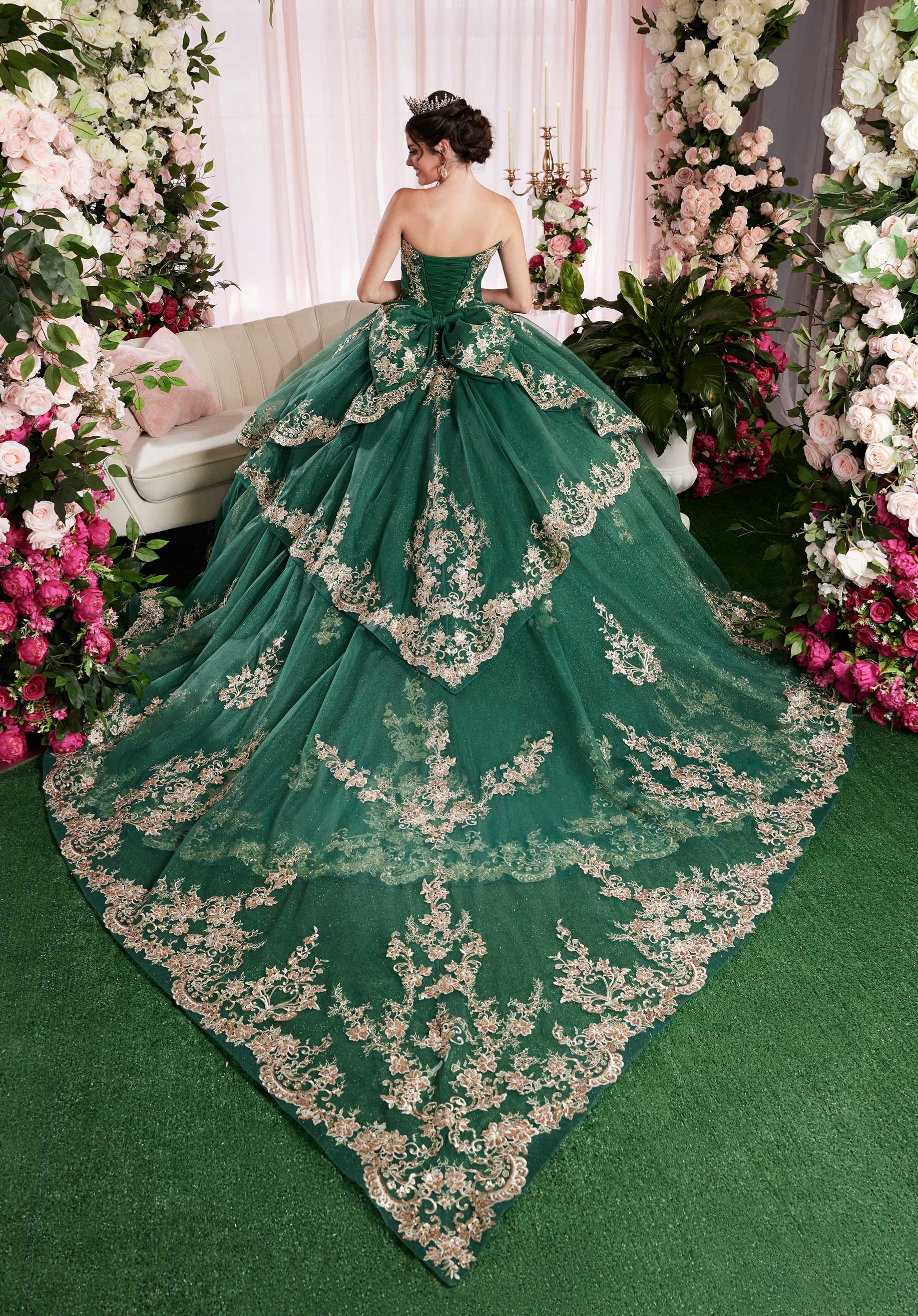 Embroidered Appliqué Sweetheart Quinceañera Dress with Sheer Sides and Fringe Sleeves - Image 6