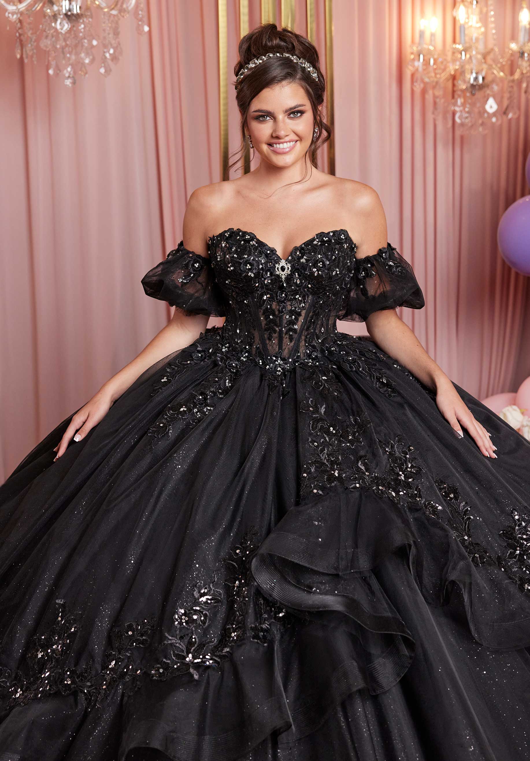 Embroidered Crystal Appliqué Quinceañera Dress with Asymmetrical Flounce - Image 3