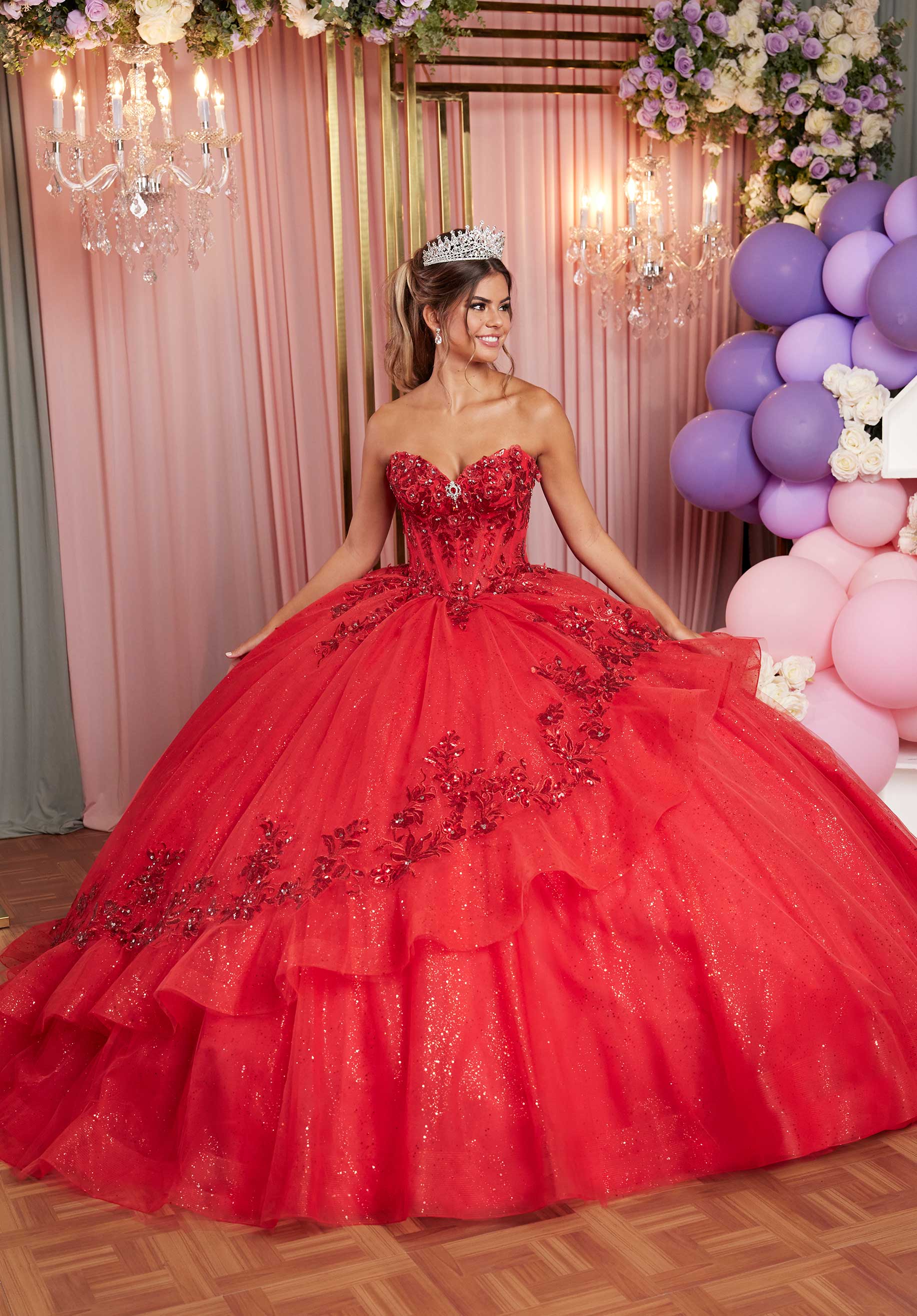 Embroidered Crystal Appliqué Quinceañera Dress with Asymmetrical Flounce - Image 7
