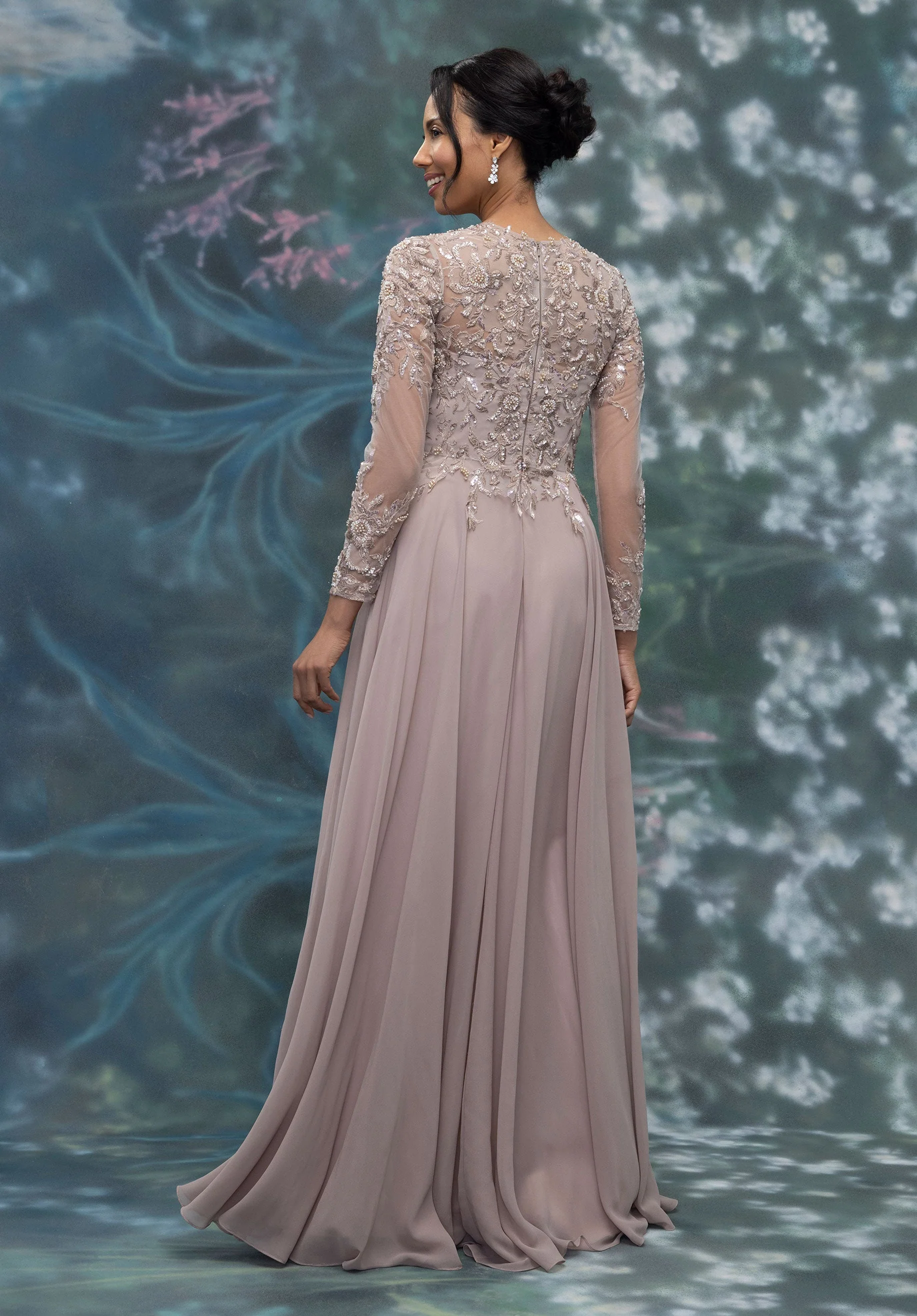 Embroidered Illusion Tulle and Chiffon Evening Gown - Image 3