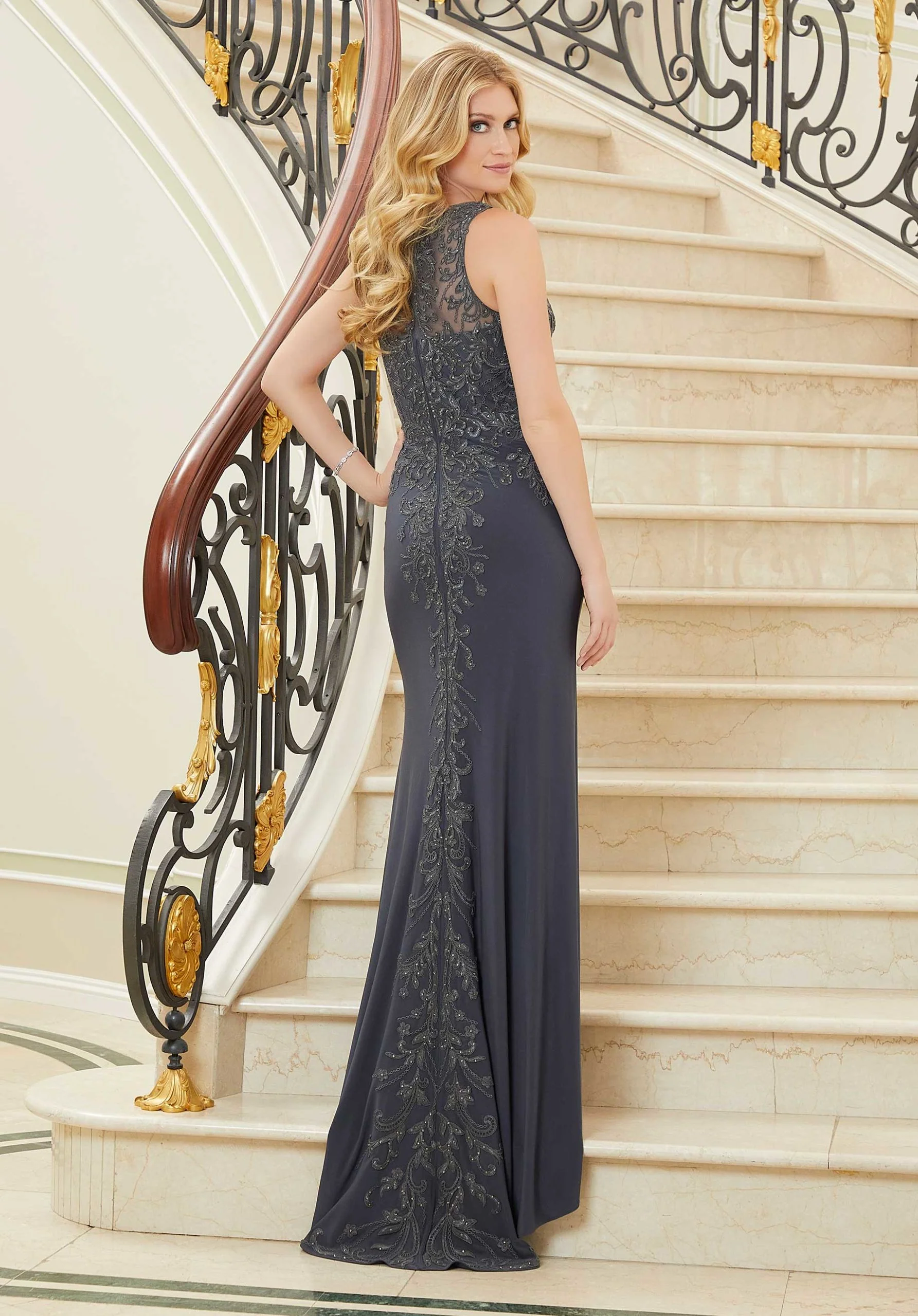 Embroidered Jersey High Neck Evening Gown - Image 5