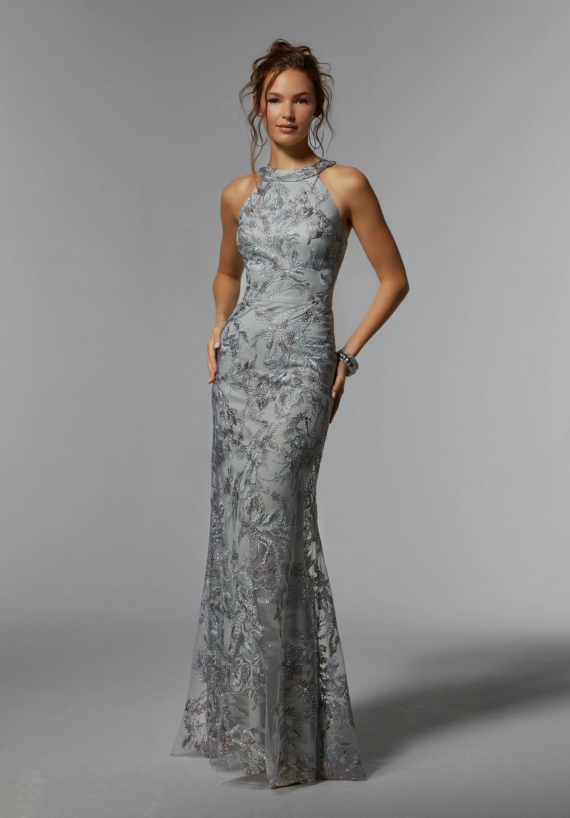 Embroidered Net Sheath with Gunmetal Beading - Image 3