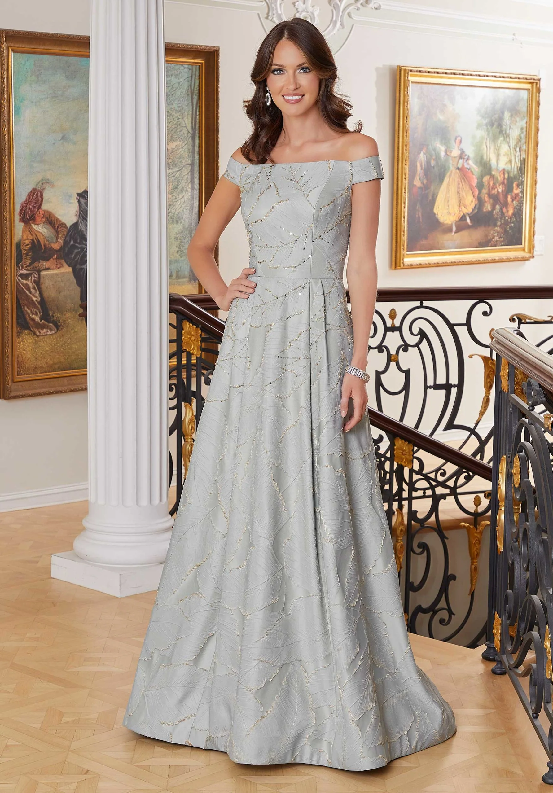 Feather Patterned Brocade Evening Gown
