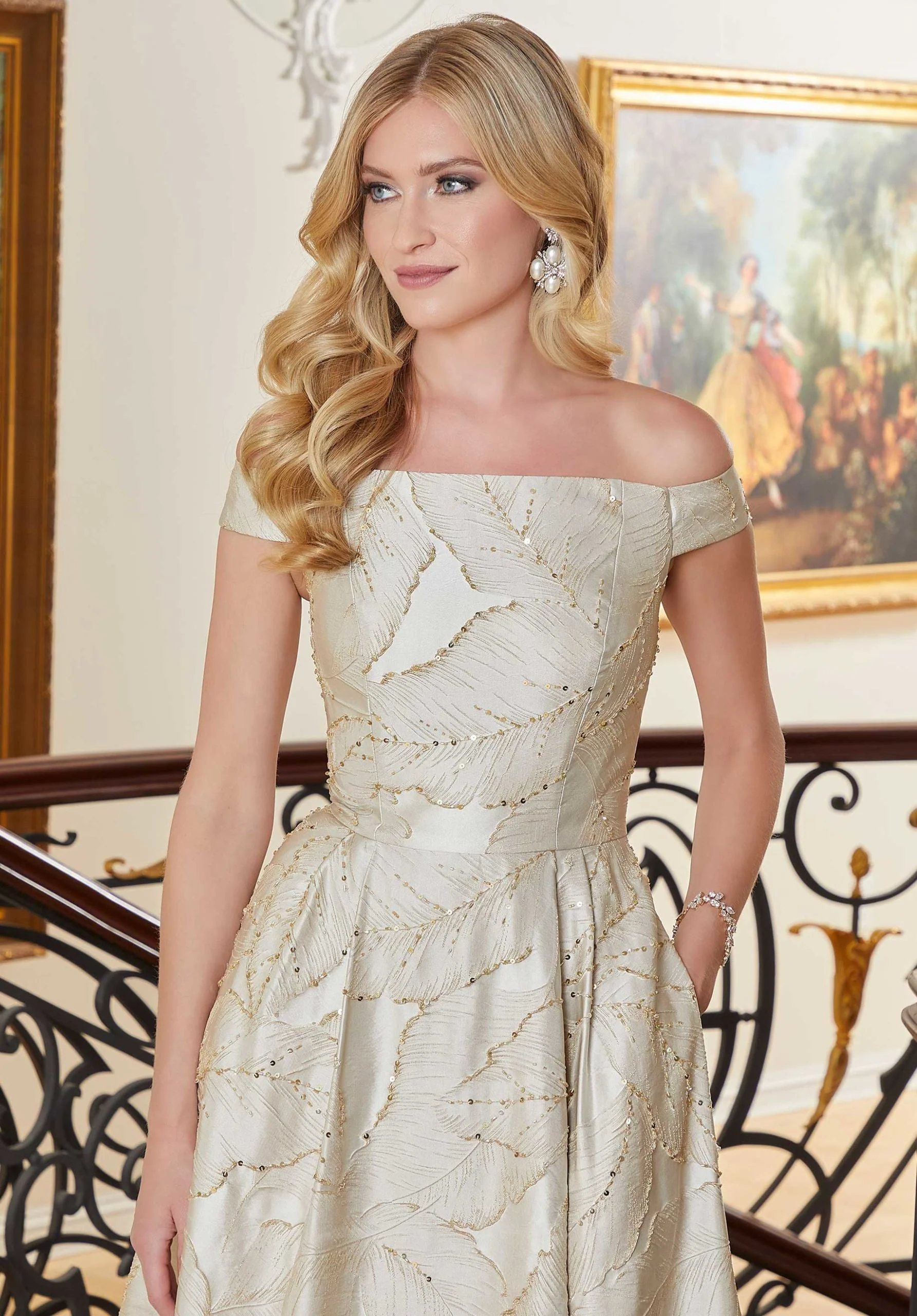 Feather Patterned Brocade Evening Gown - Image 4