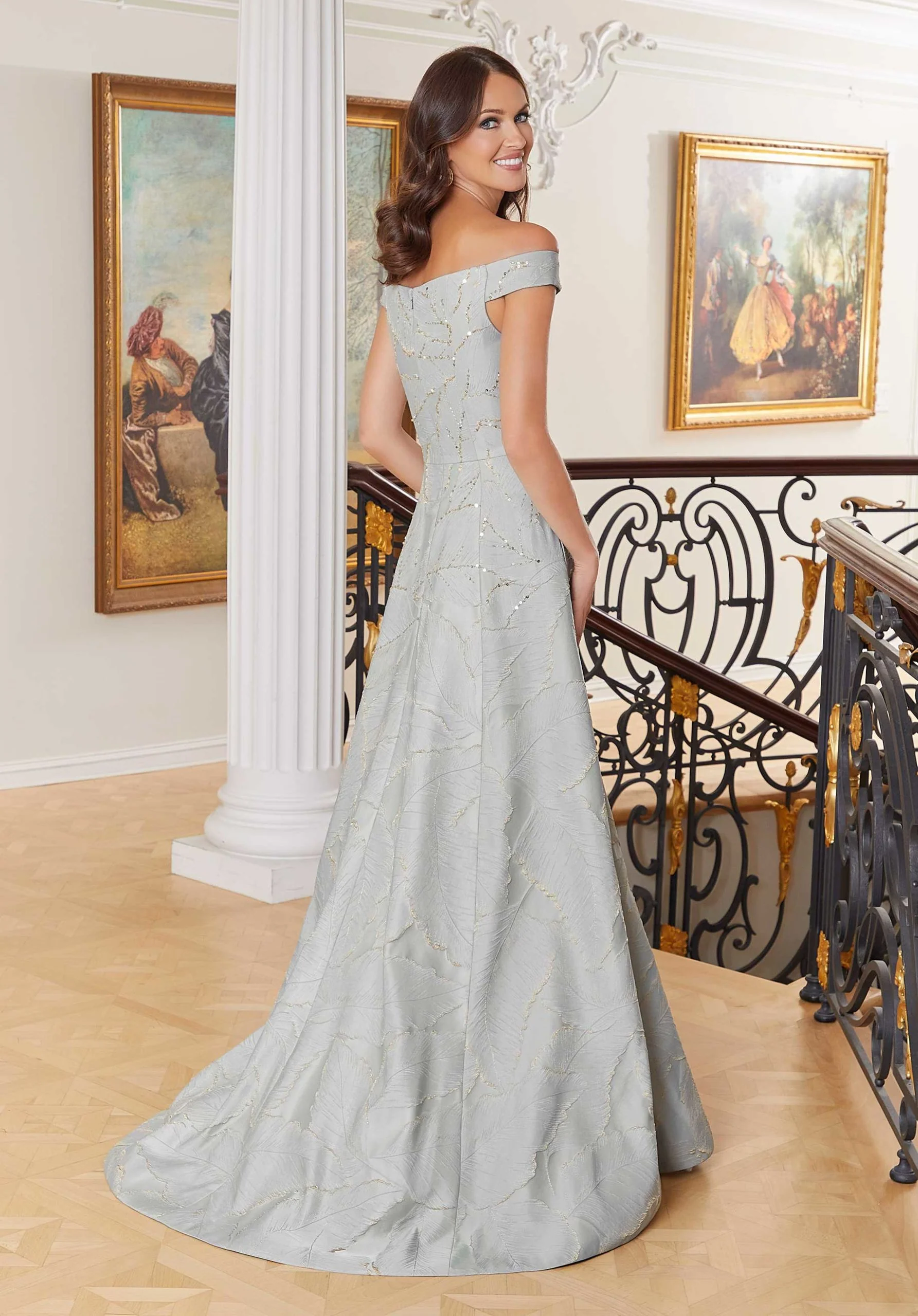 Feather Patterned Brocade Evening Gown - Image 5