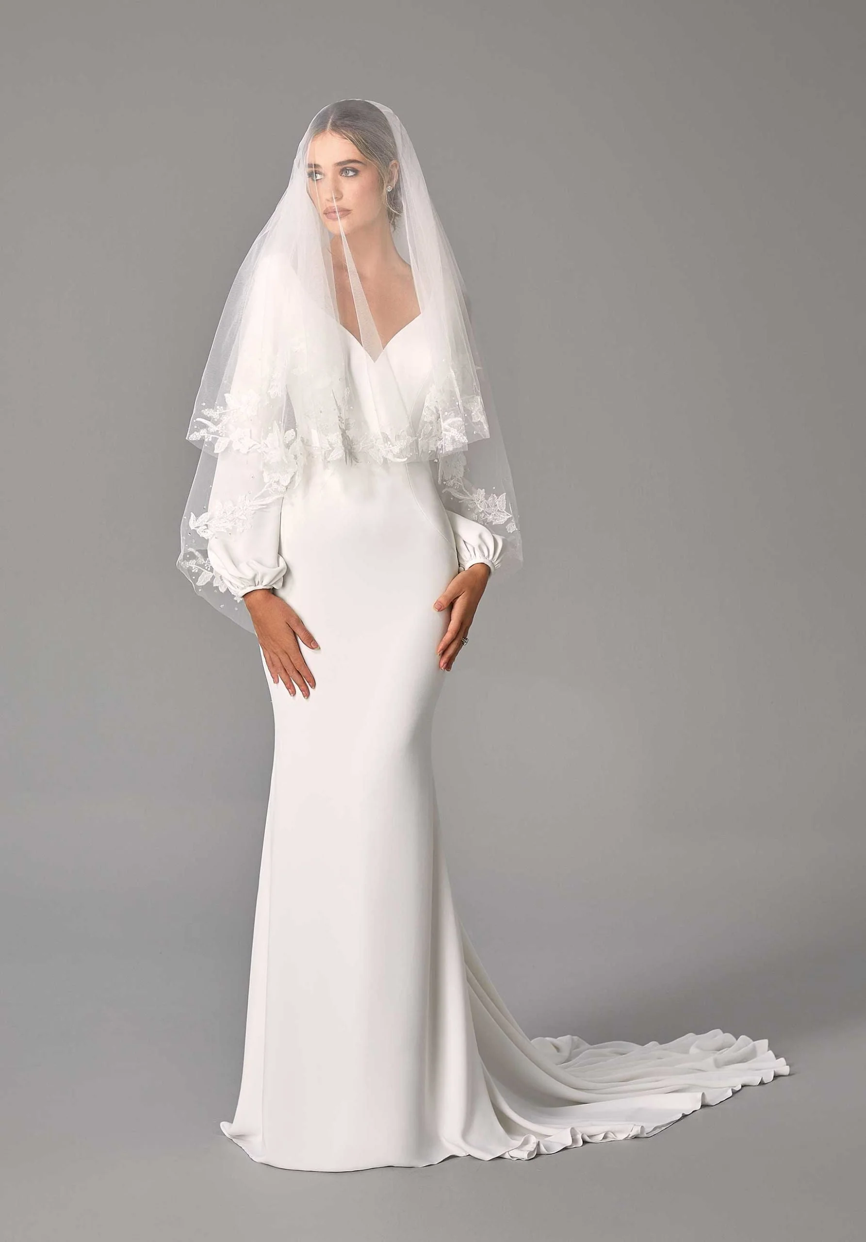 Fingertip Length Veil with Lace Appliqués and Crystal Beading