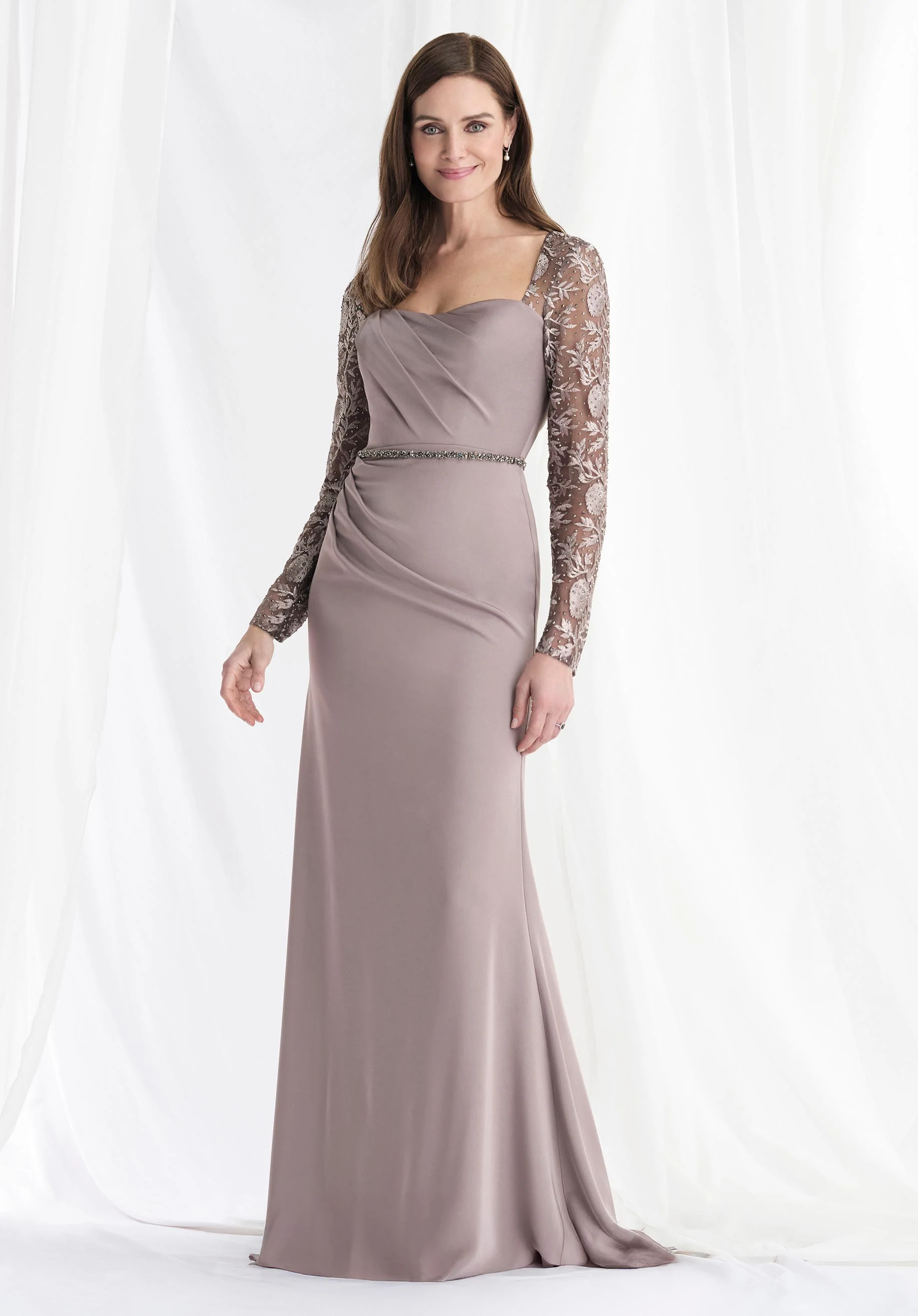 Fit and Flare Crepe Evening Gown with Beaded Lace Long Sleeves - Image 6