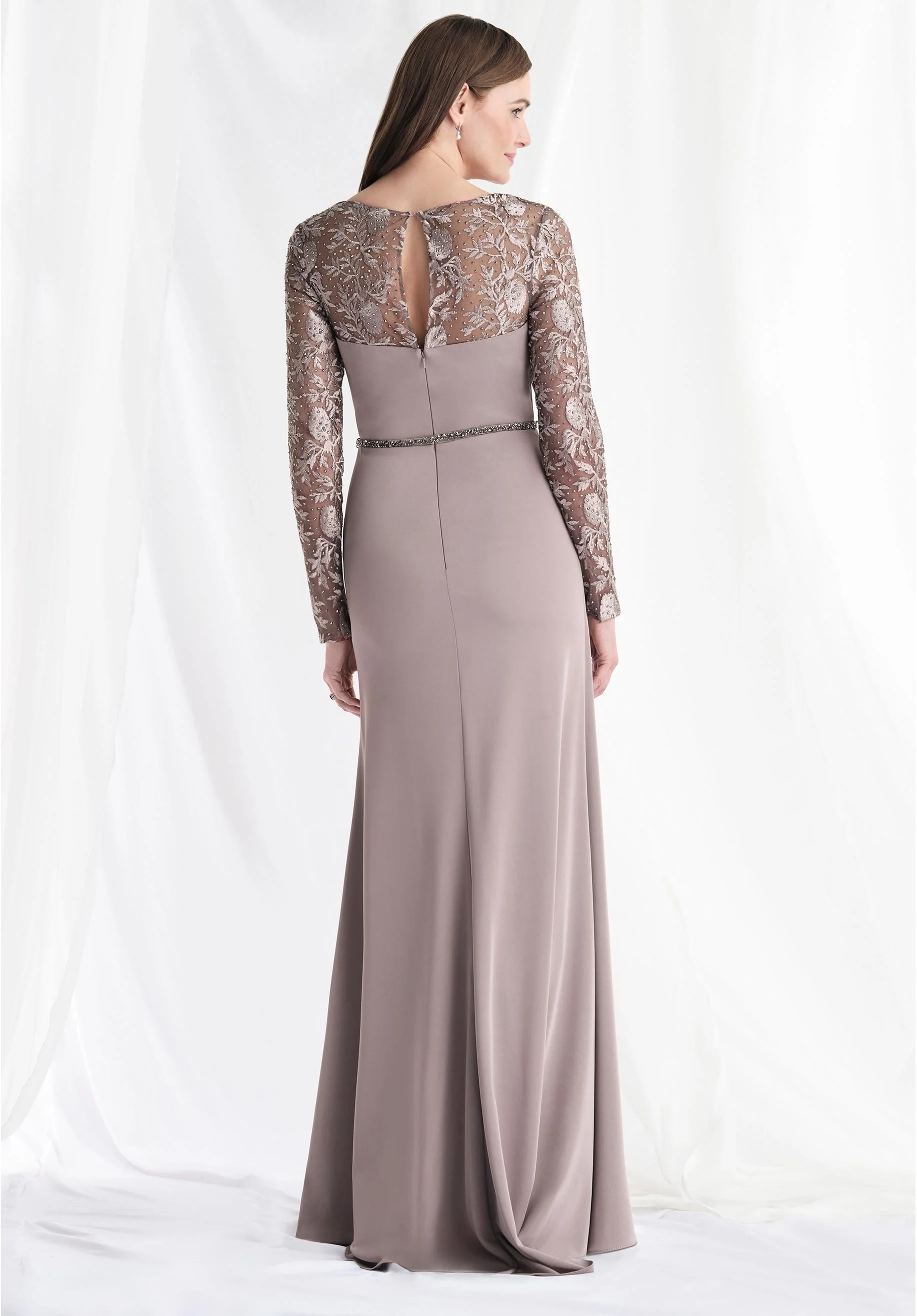 Fit and Flare Crepe Evening Gown with Beaded Lace Long Sleeves - Image 7