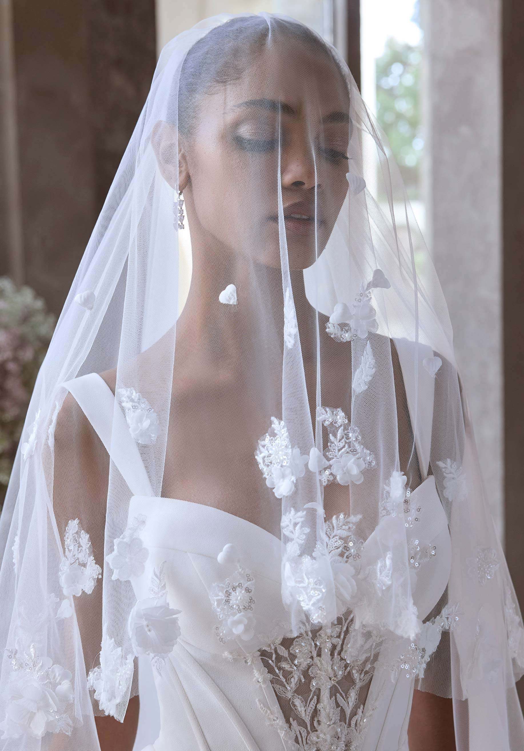 Floral and Beaded Cathedral Veil with Blusher - Image 2