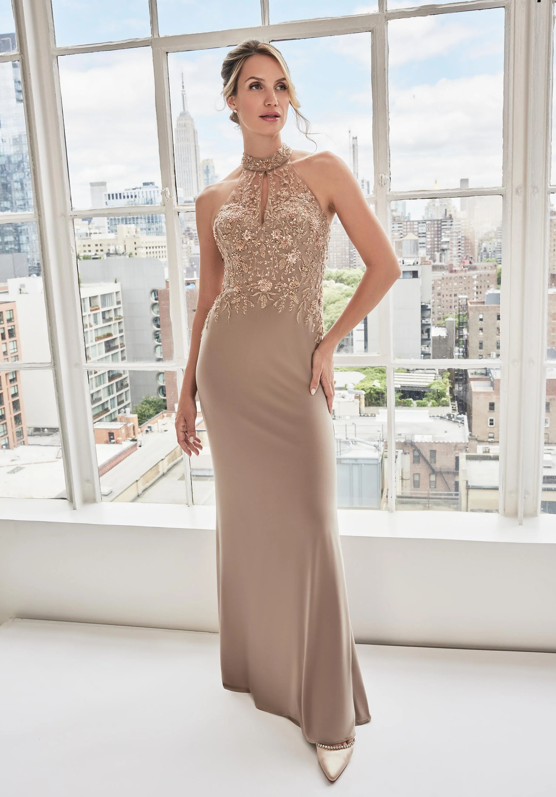 Floral Beaded Embroidered Keyhole Halter Evening Gown - Image 5