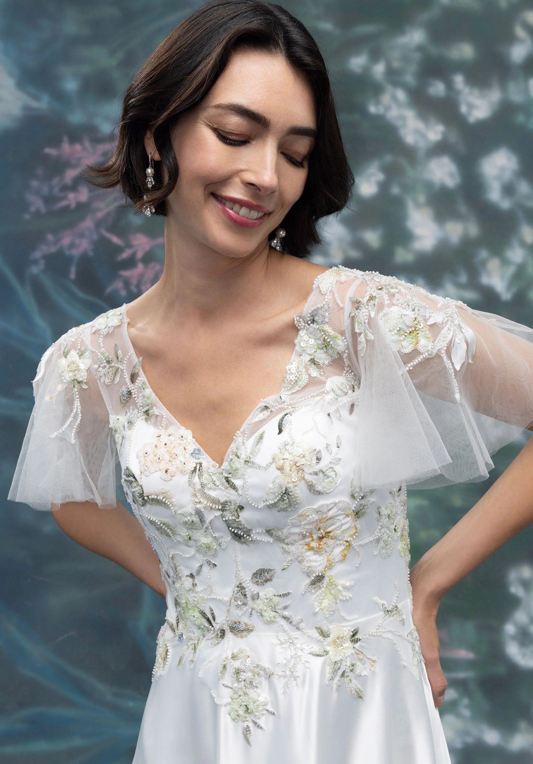 Floral Embroidered Satin A-Line Evening Gown with Flutter Sleeves - Image 5