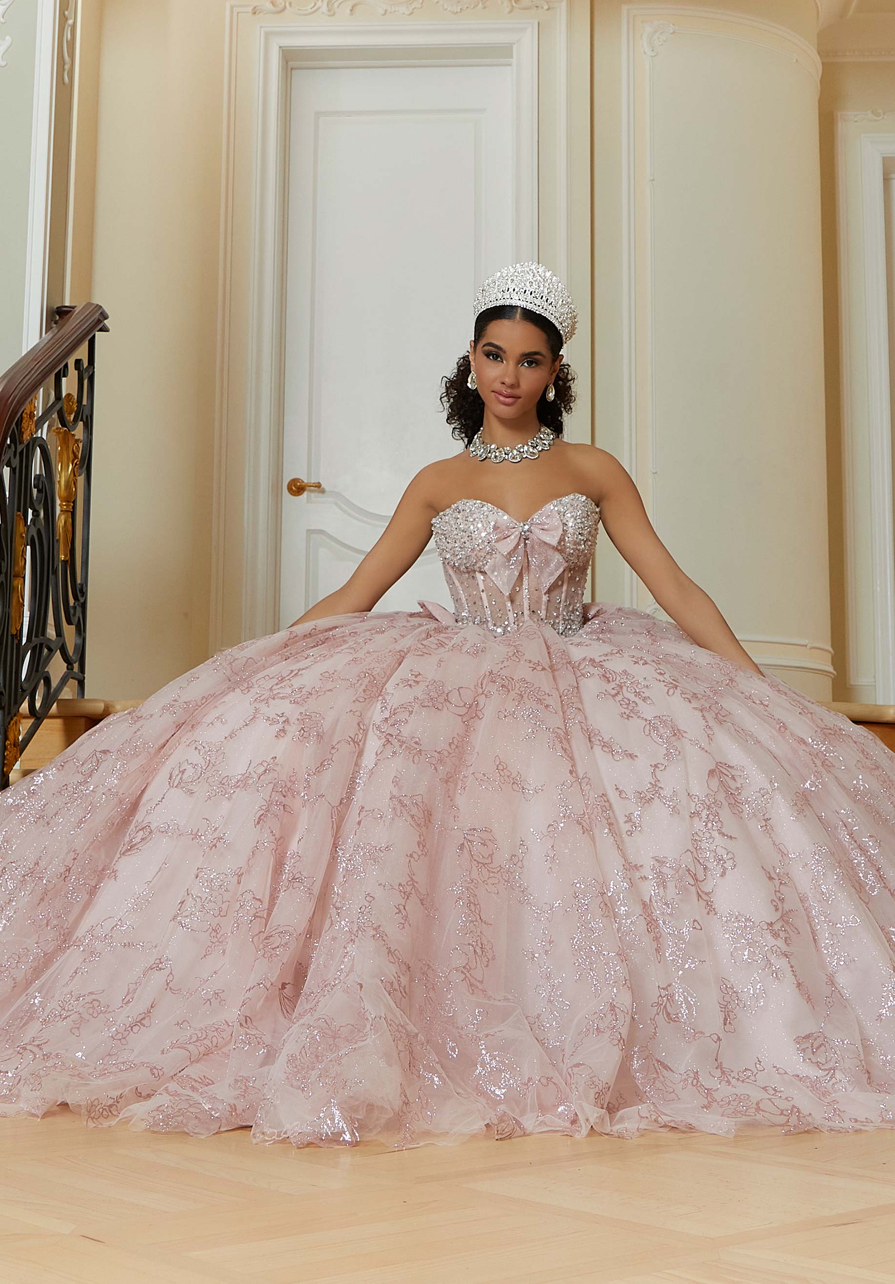 Floral Patterned Glitter Quinceañera Dress with Crystal Beading and Bow Details - Image 6