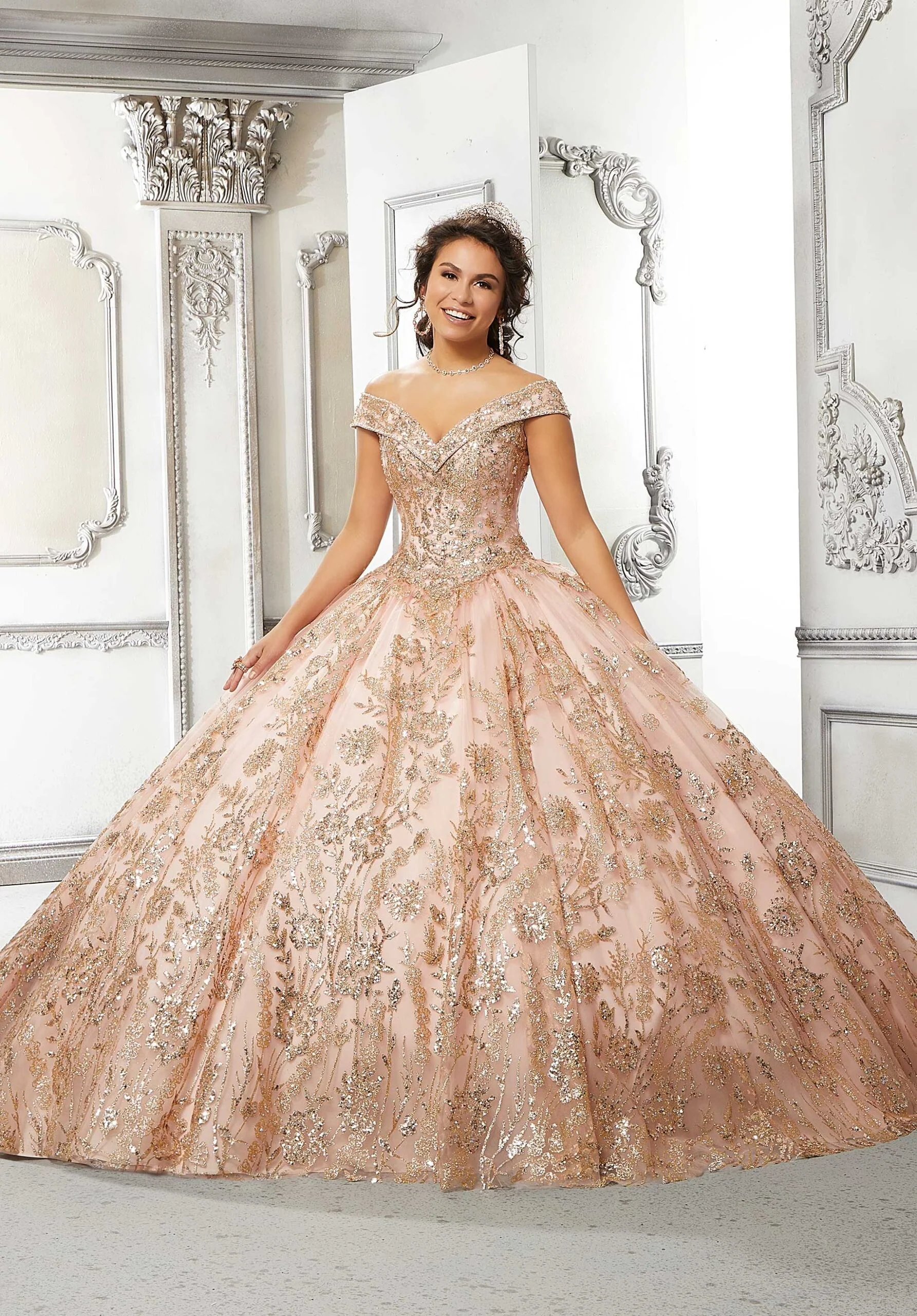 Floral Patterned Glitter Tulle Quinceañera Dress - Image 3