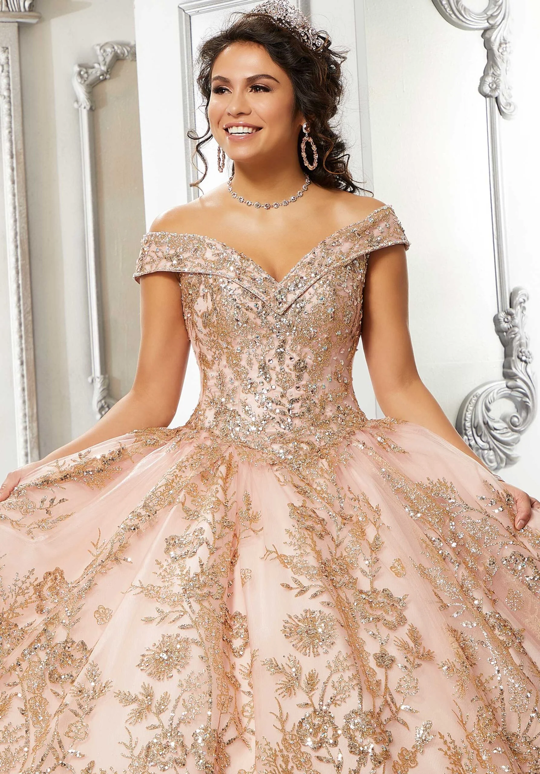 Floral Patterned Glitter Tulle Quinceañera Dress - Image 4