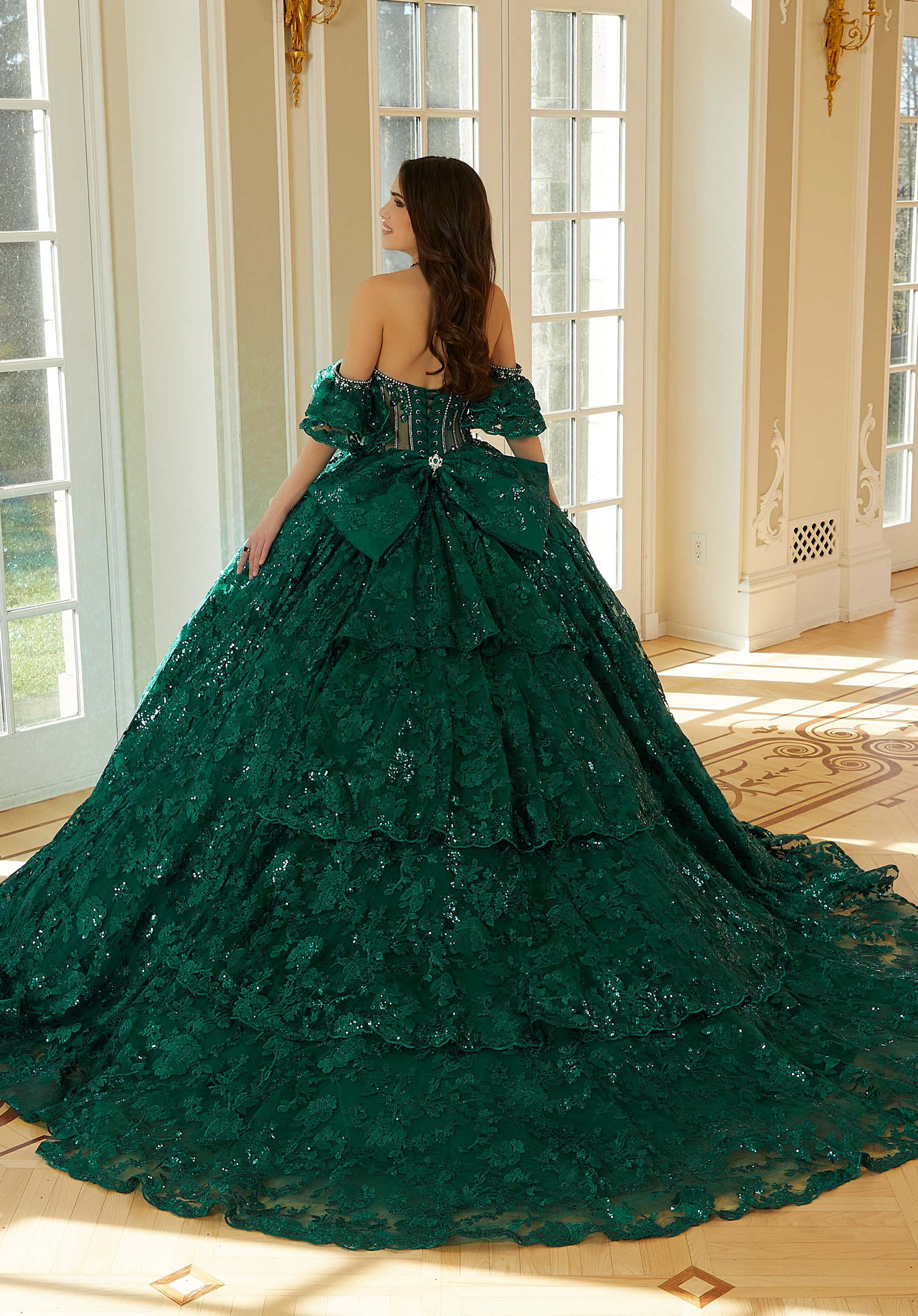 Floral Patterned Sequin Embroidered Tulle Quinceañera Dress with Sheer Bodice - Image 6