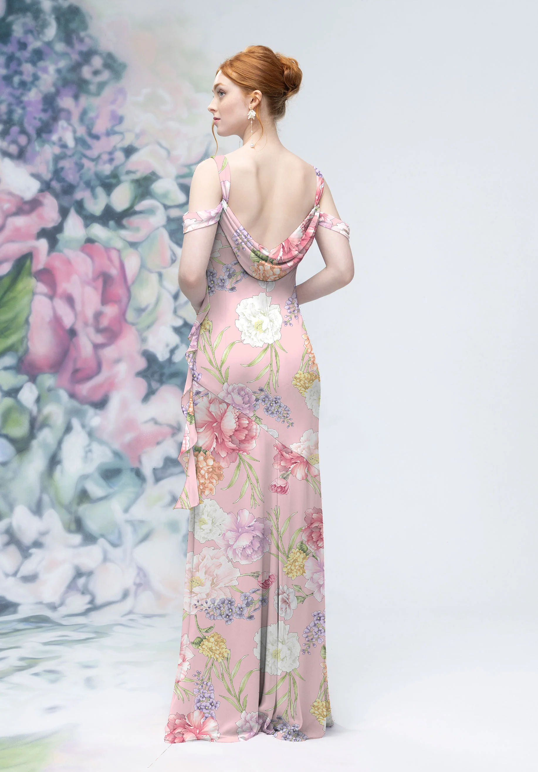 Floral Printed Bias Cut Cowl Detail Bridesmaid Dress with Ruffles - Image 2