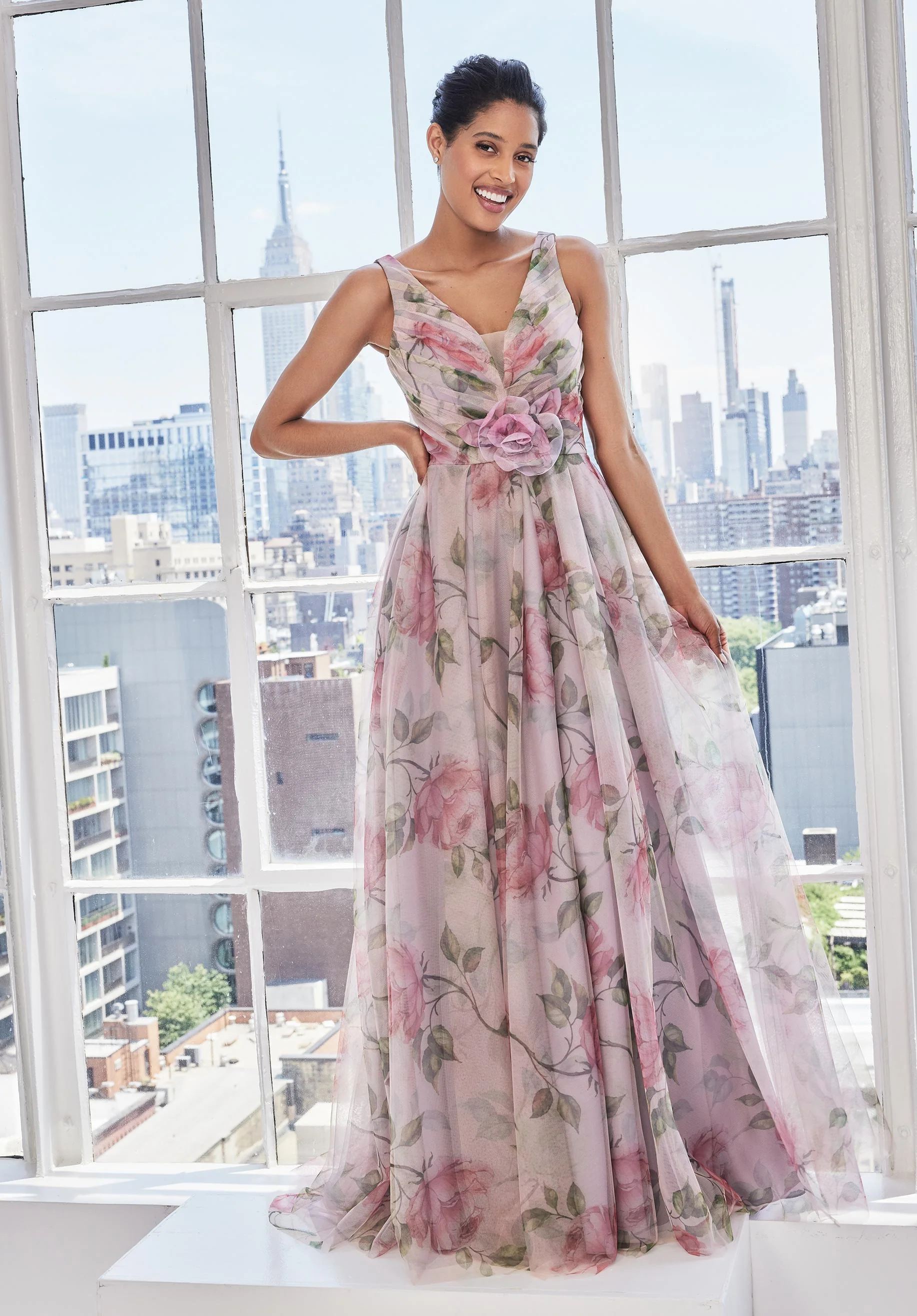 Floral Printed Tulle A-line Evening Gown - Image 6