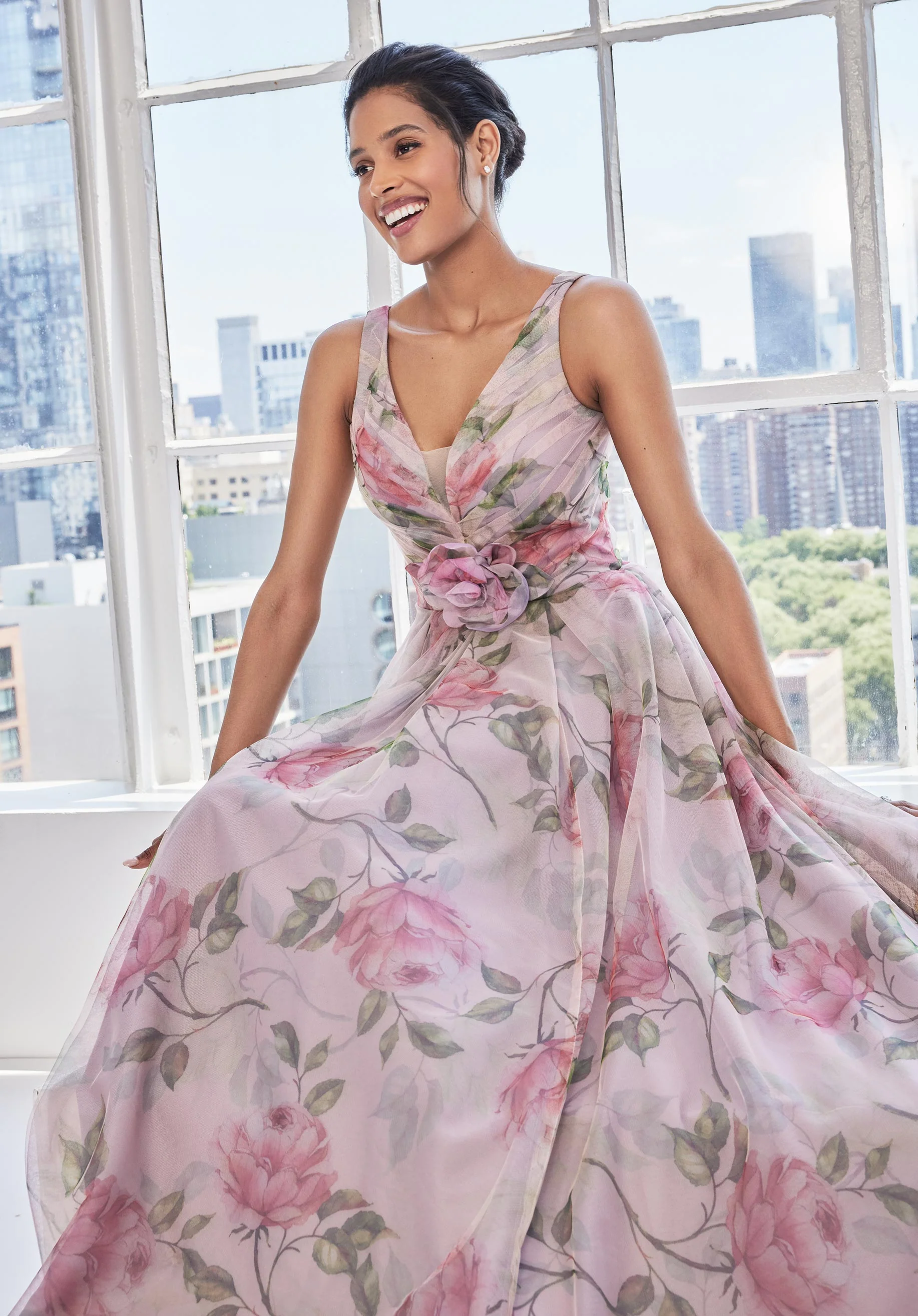 Floral Printed Tulle A-line Evening Gown - Image 8