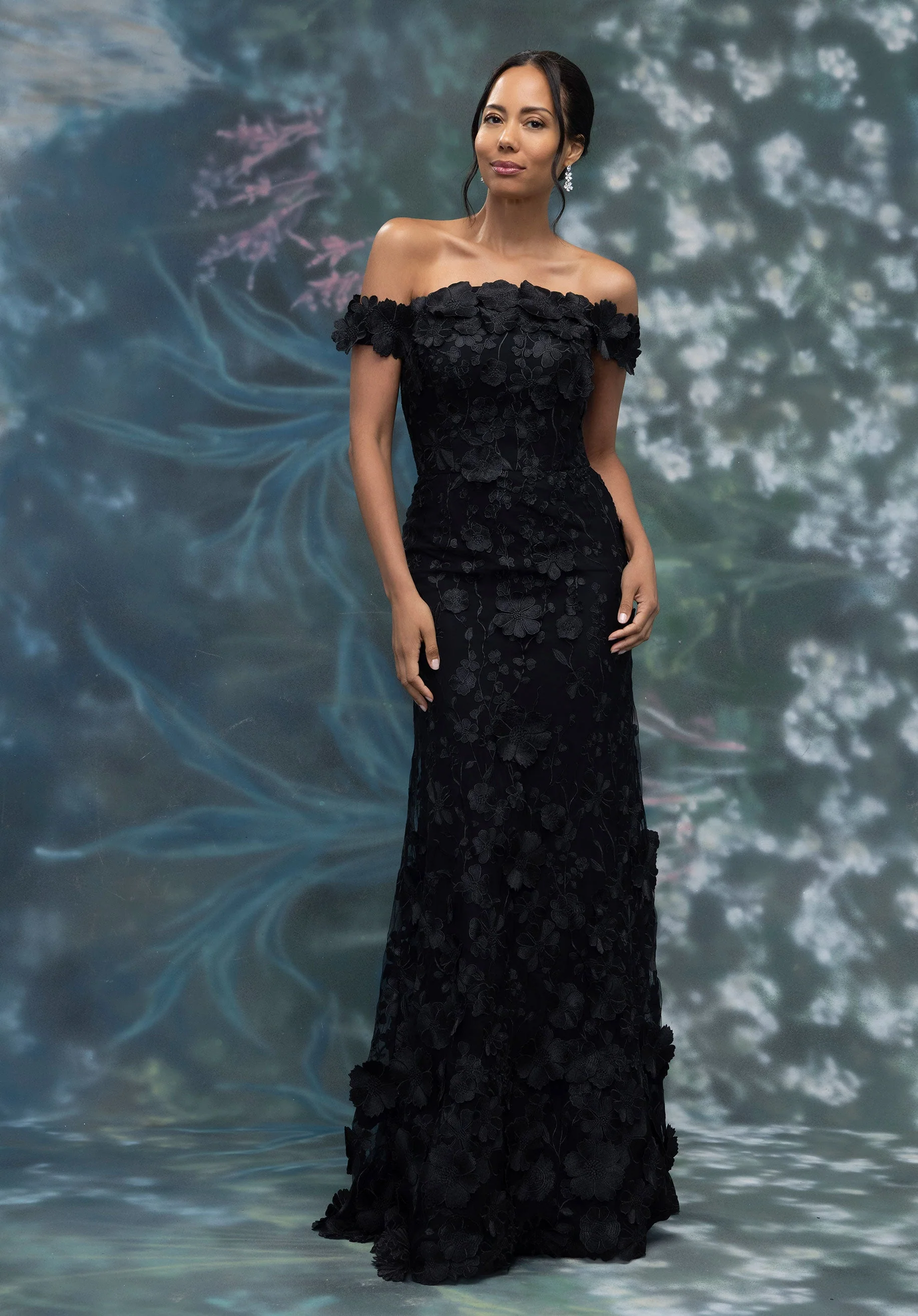 Floral Threadwork Embroidered Fit and Flare Evening Gown - Image 3