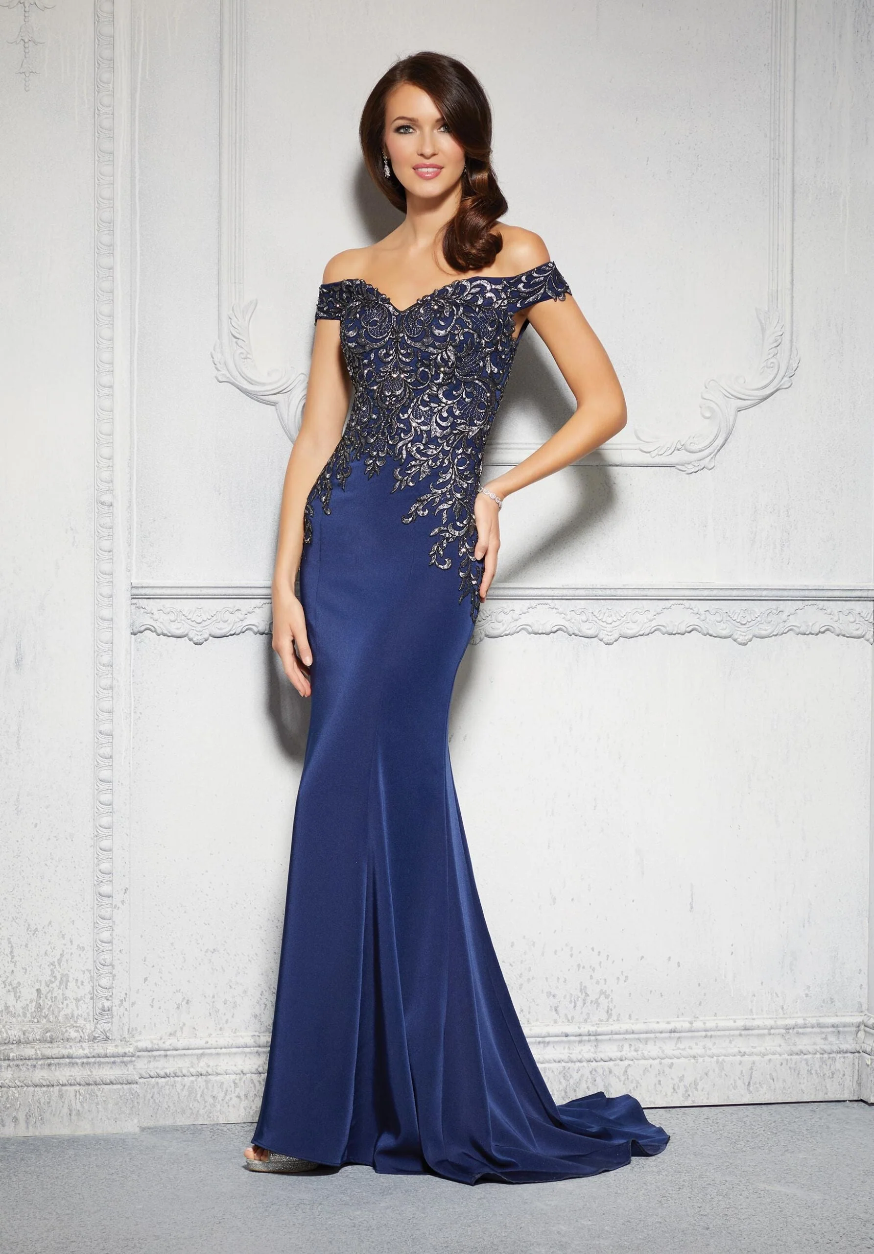 Form Fitting Special Occasion Gown with Beaded Embroidery on Crepe