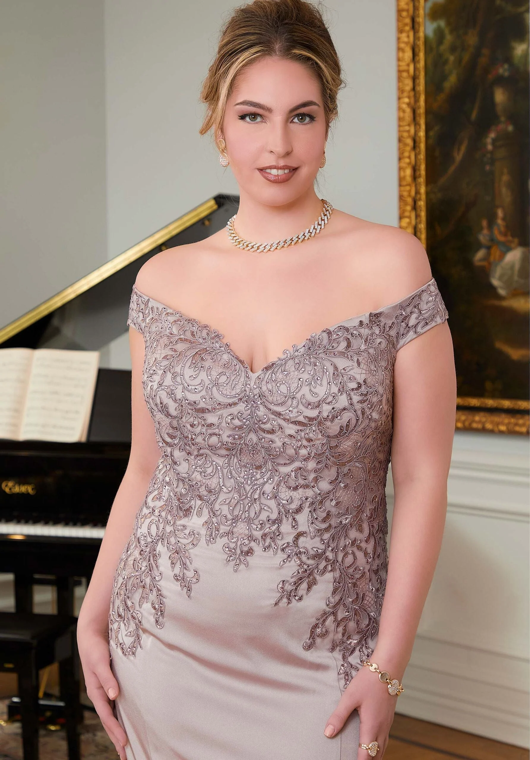 Form Fitting Special Occasion Gown with Beaded Embroidery on Crepe - Image 4