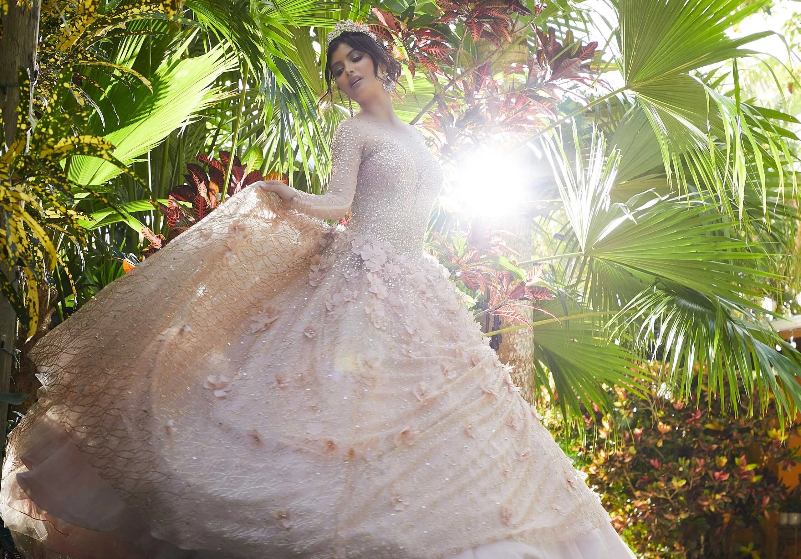 Glitter Net and Floral Applique Quinceañera Dress - Image 4