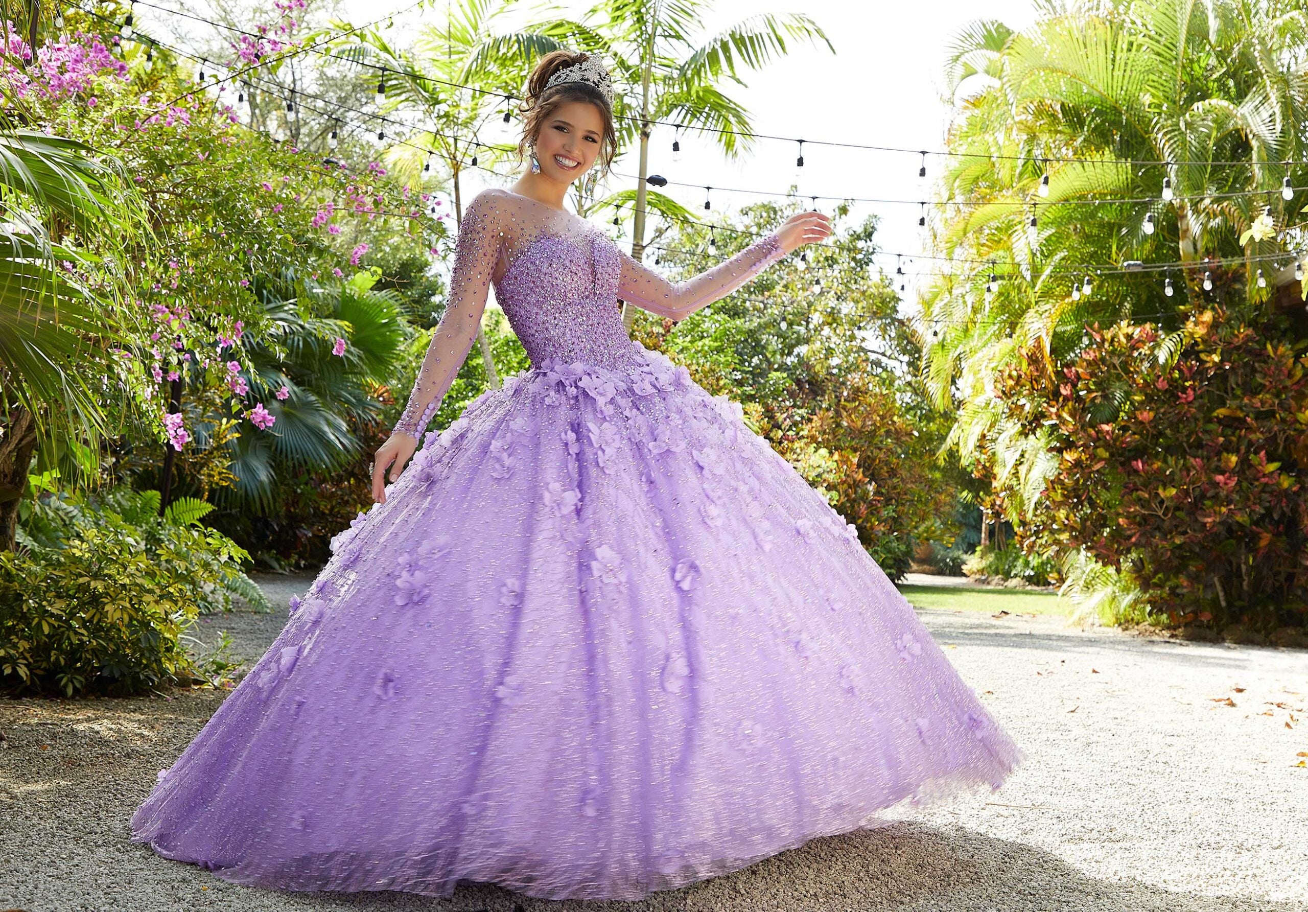 Glitter Net and Floral Applique Quinceañera Dress - Image 9