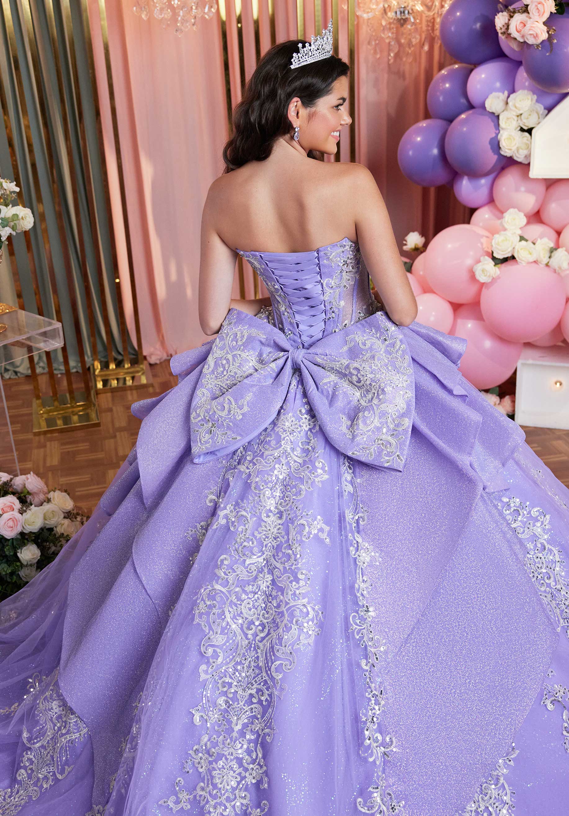 Glitter Pleated Quinceañera Dress with Cascading Peplum Overlay - Image 5