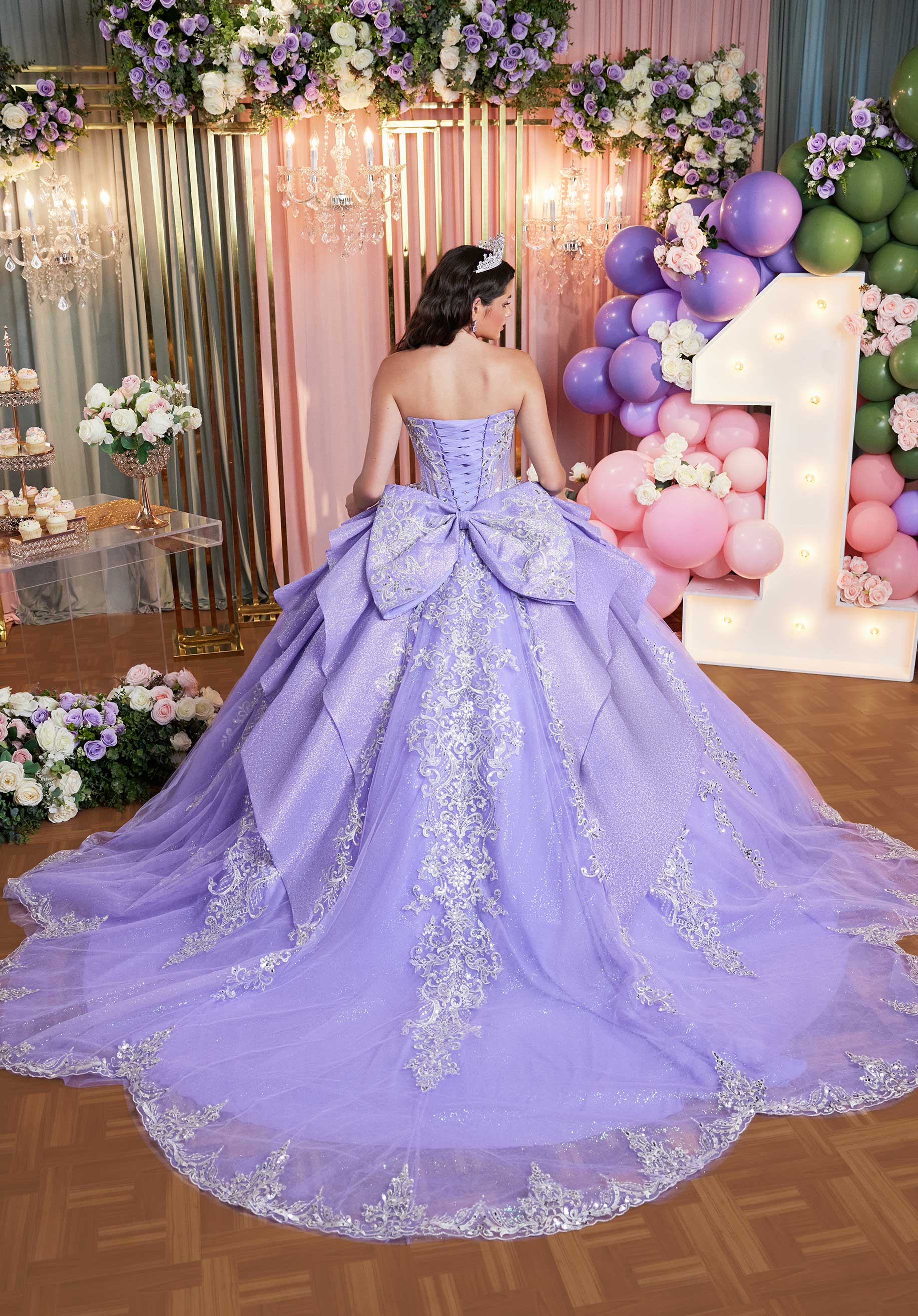 Glitter Pleated Quinceañera Dress with Cascading Peplum Overlay - Image 6