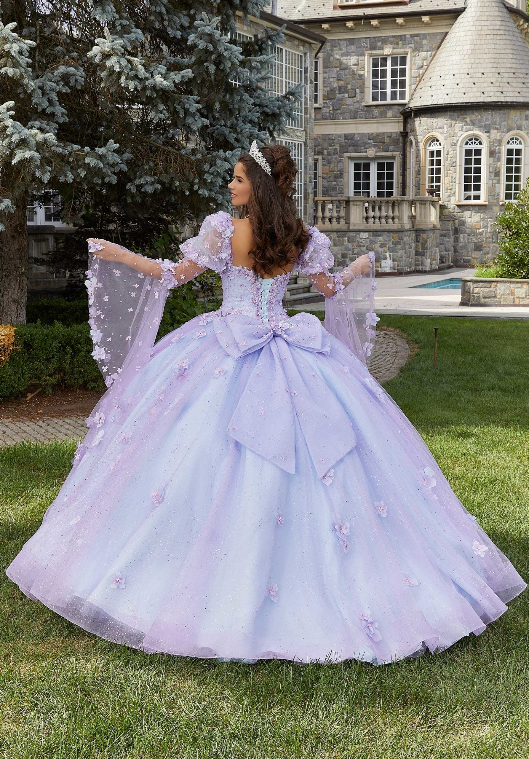 Glitter Tulle Quinceañera Dress with Three-Dimensional Floral Appliqués - Image 5