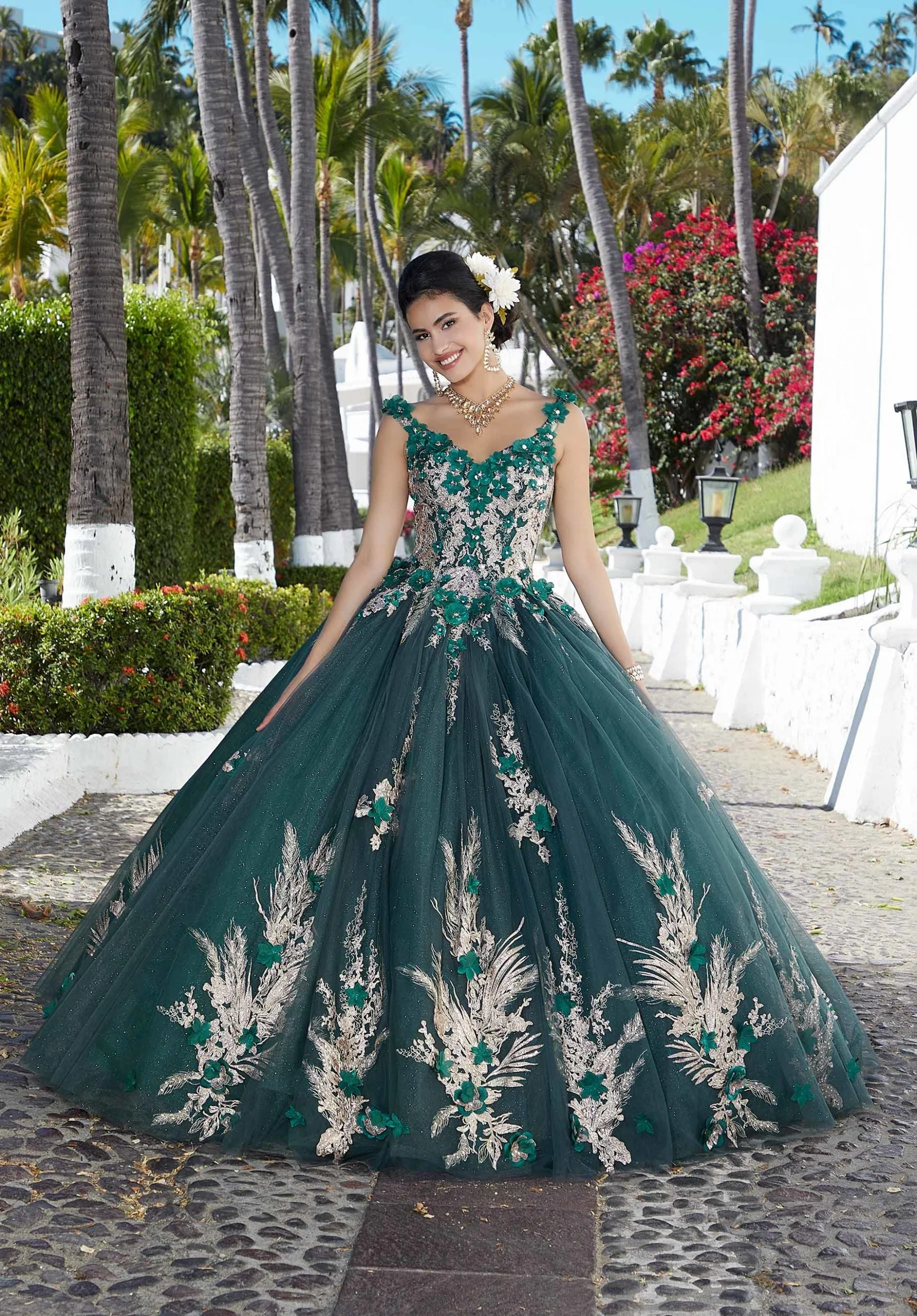 Glitter Tulle Quinceañera Dress with Three-Dimensional Floral Appliqués