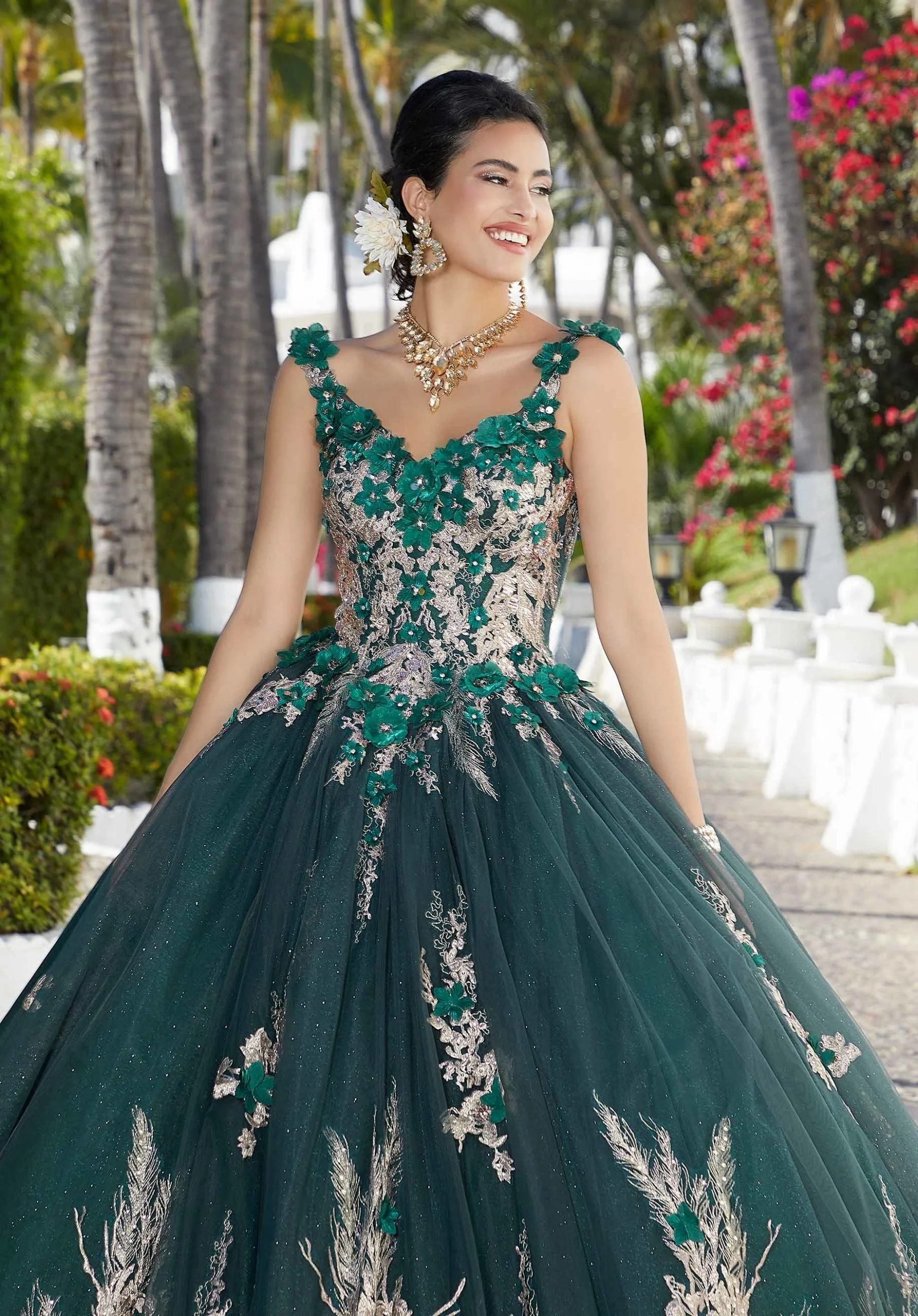 Glitter Tulle Quinceañera Dress with Three-Dimensional Floral Appliqués - Image 2