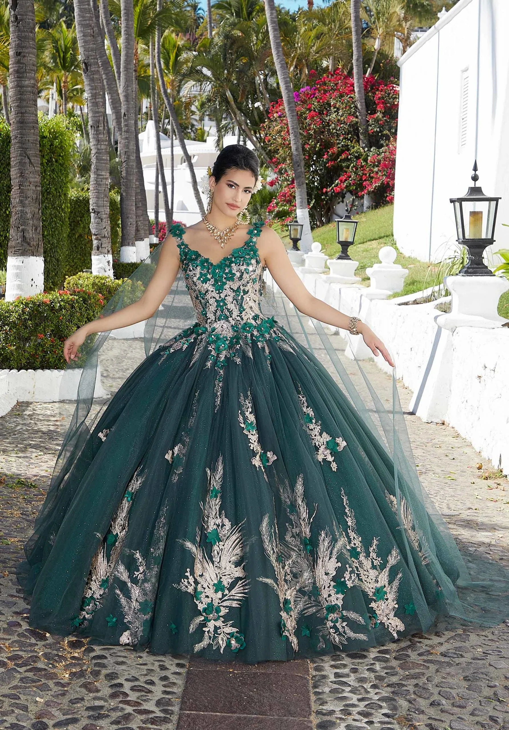 Glitter Tulle Quinceañera Dress with Three-Dimensional Floral Appliqués - Image 4