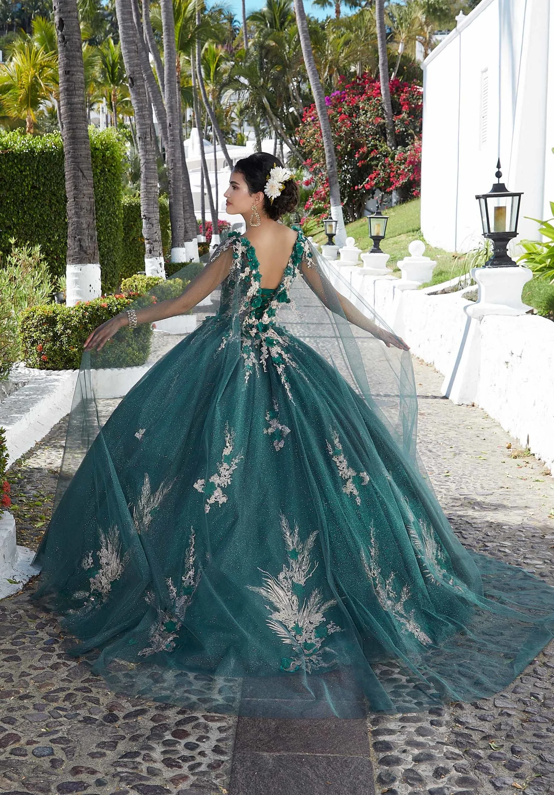 Glitter Tulle Quinceañera Dress with Three-Dimensional Floral Appliqués - Image 5