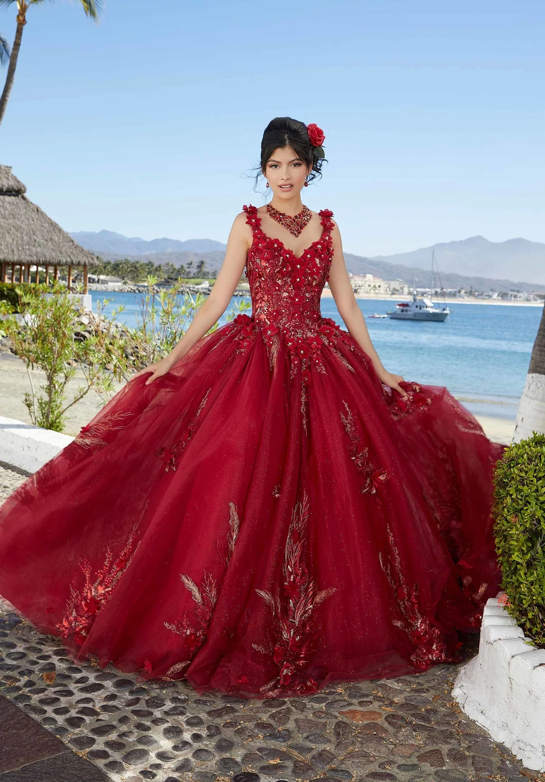 Glitter Tulle Quinceañera Dress with Three-Dimensional Floral Appliqués - Image 6