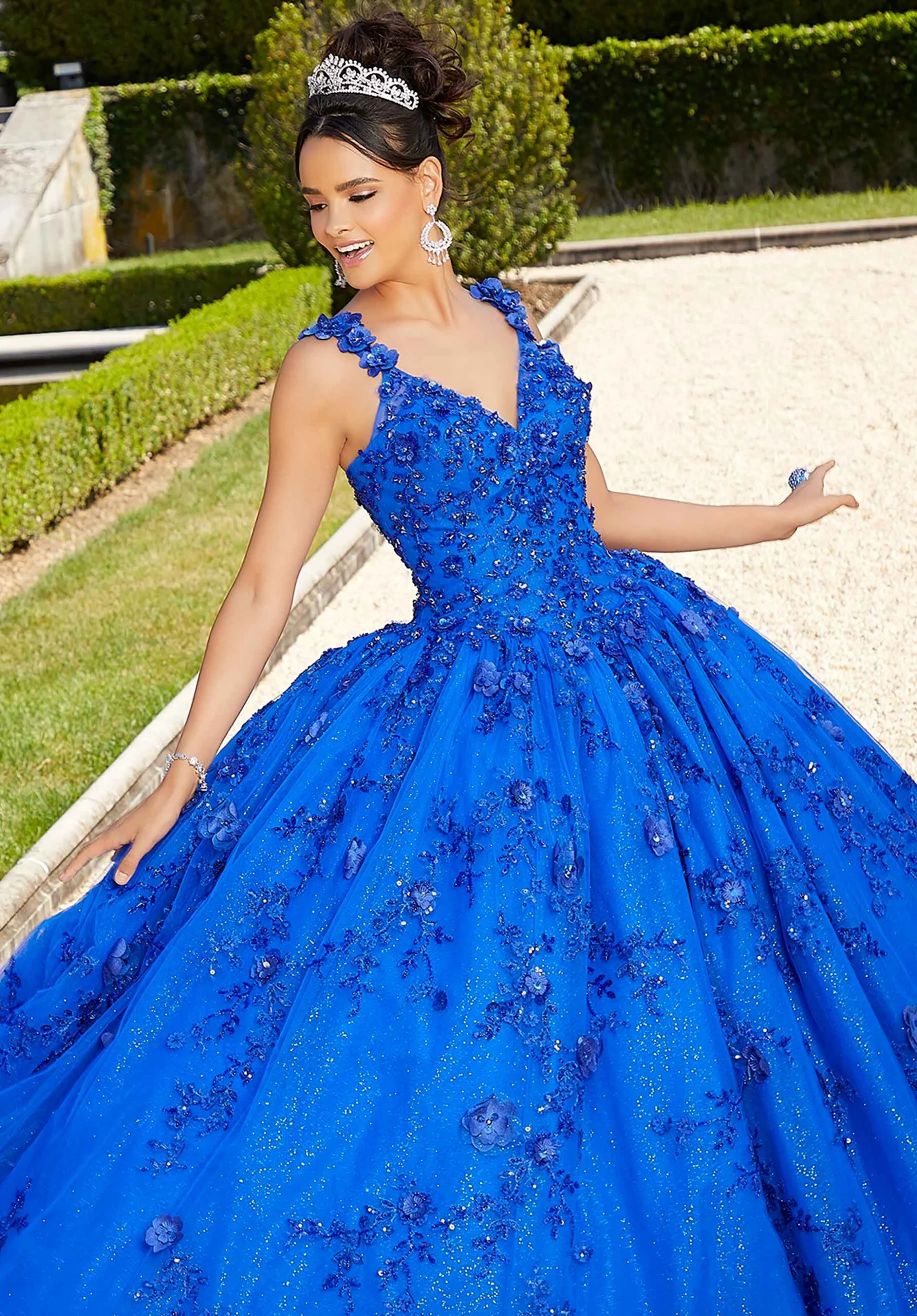 Glitter Tulle Quinceañera Dress with Three-Dimensional Flowers - Image 2