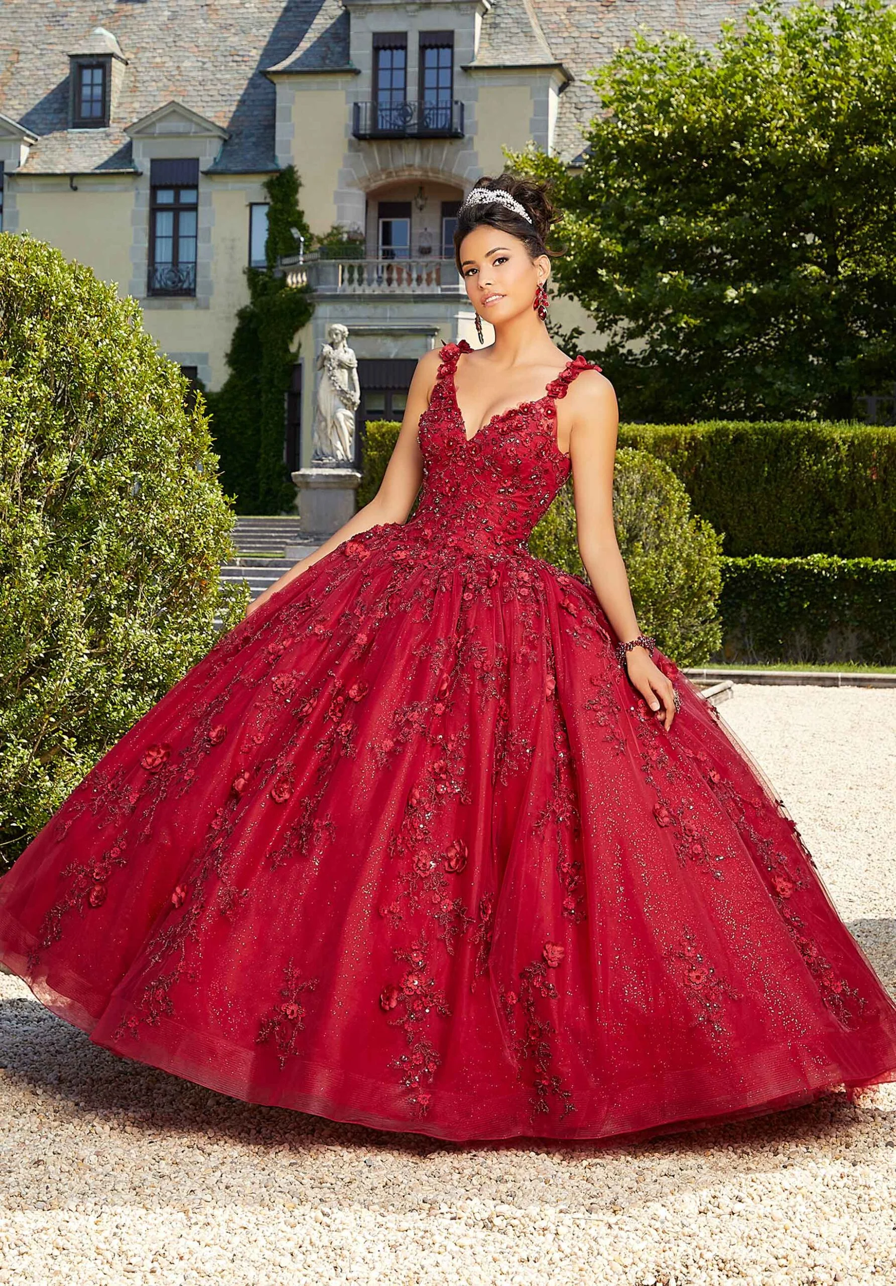 Glitter Tulle Quinceañera Dress with Three-Dimensional Flowers - Image 3