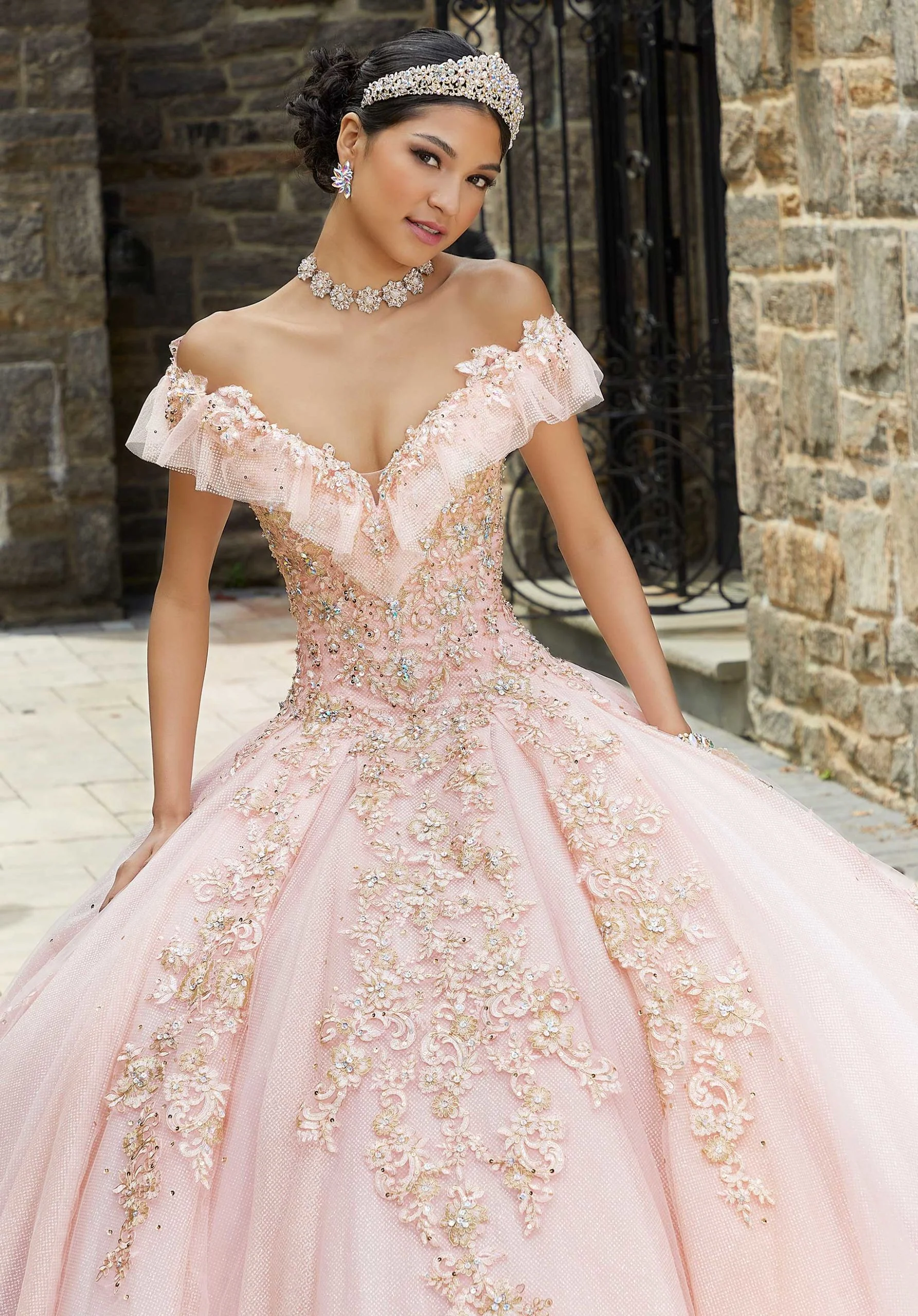 Gold Edged Pleated Tulle Quinceañera Dress - Image 2