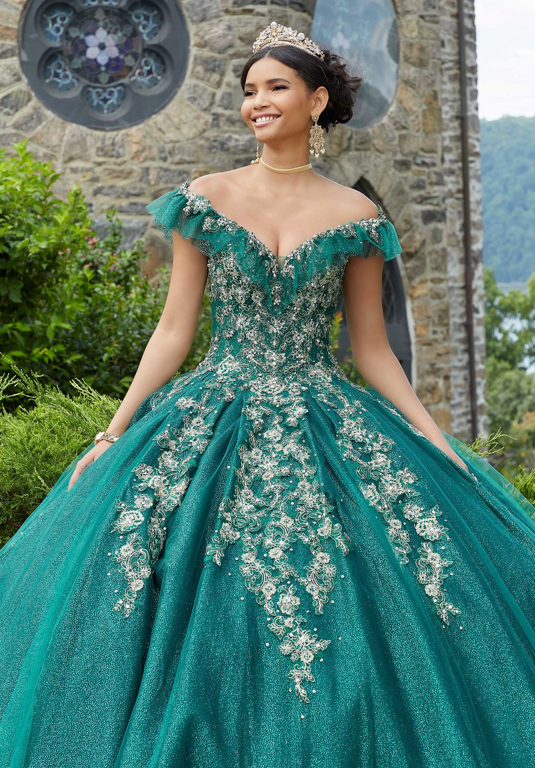Gold Edged Pleated Tulle Quinceañera Dress - Image 4