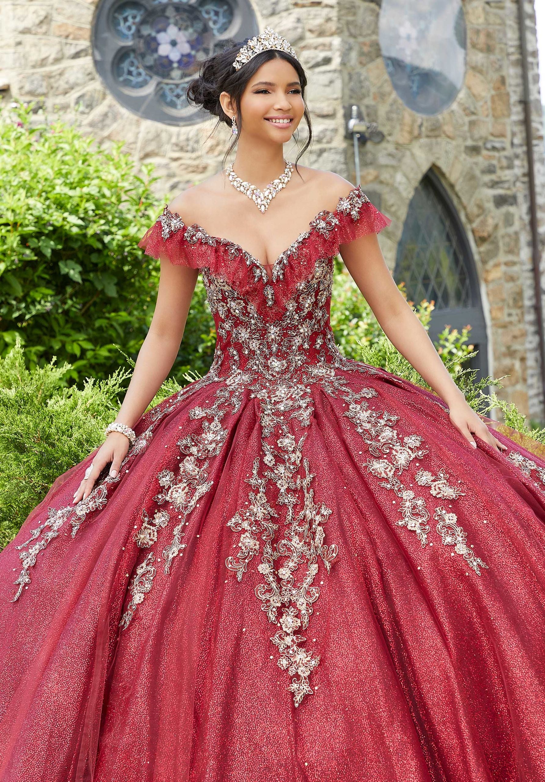 Gold Edged Pleated Tulle Quinceañera Dress - Image 6