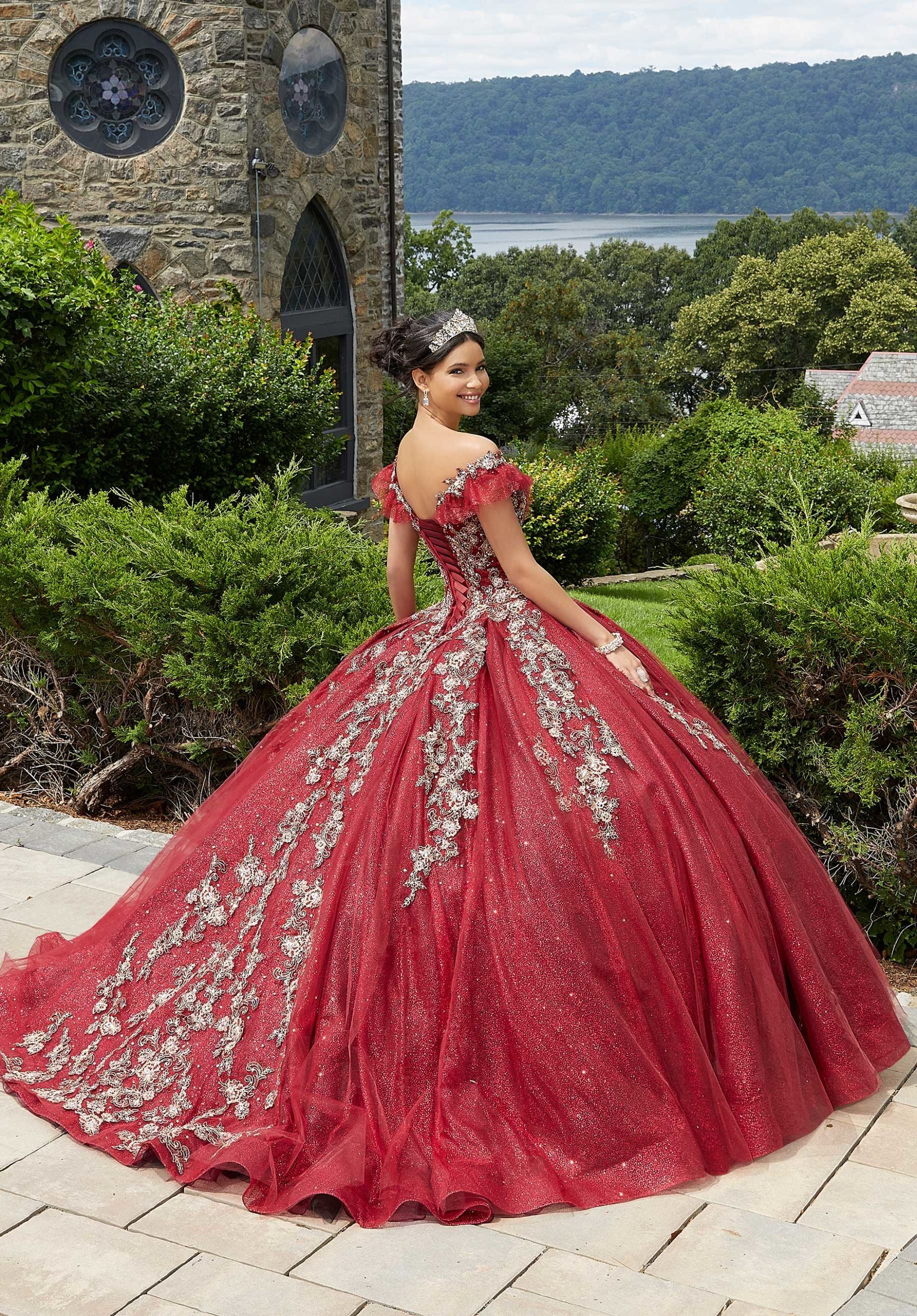 Gold Edged Pleated Tulle Quinceañera Dress - Image 7