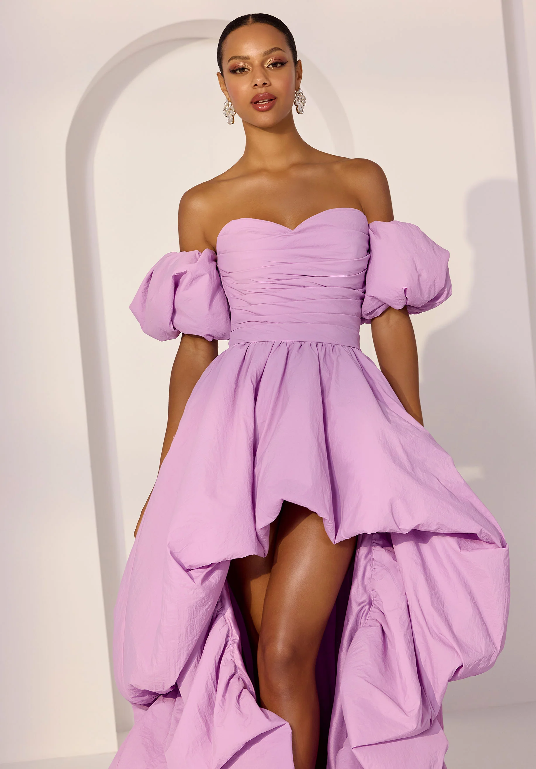 Hi Low Crepe Taffeta Party Dress with Detachable Puff Sleeves - Image 2